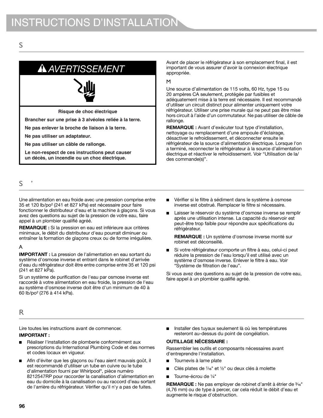 KitchenAid W10537977A manual Spécifications électriques, Spécifications de l’alimentation en eau 