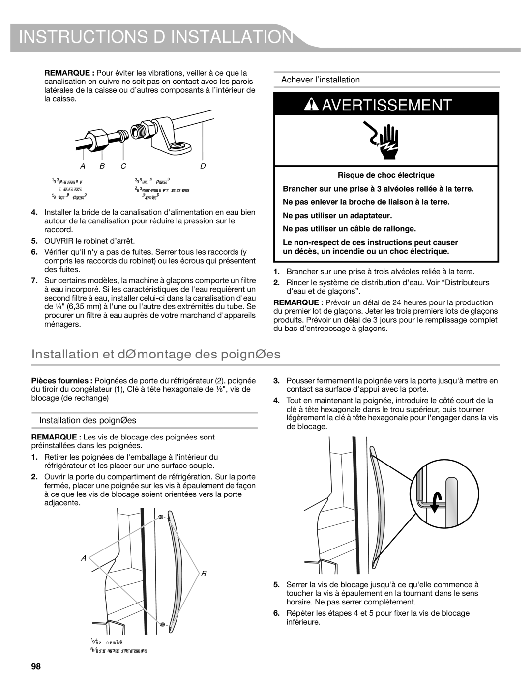 KitchenAid W10537977A manual Installation et démontage des poignées, Achever linstallation, Installation des poignées 