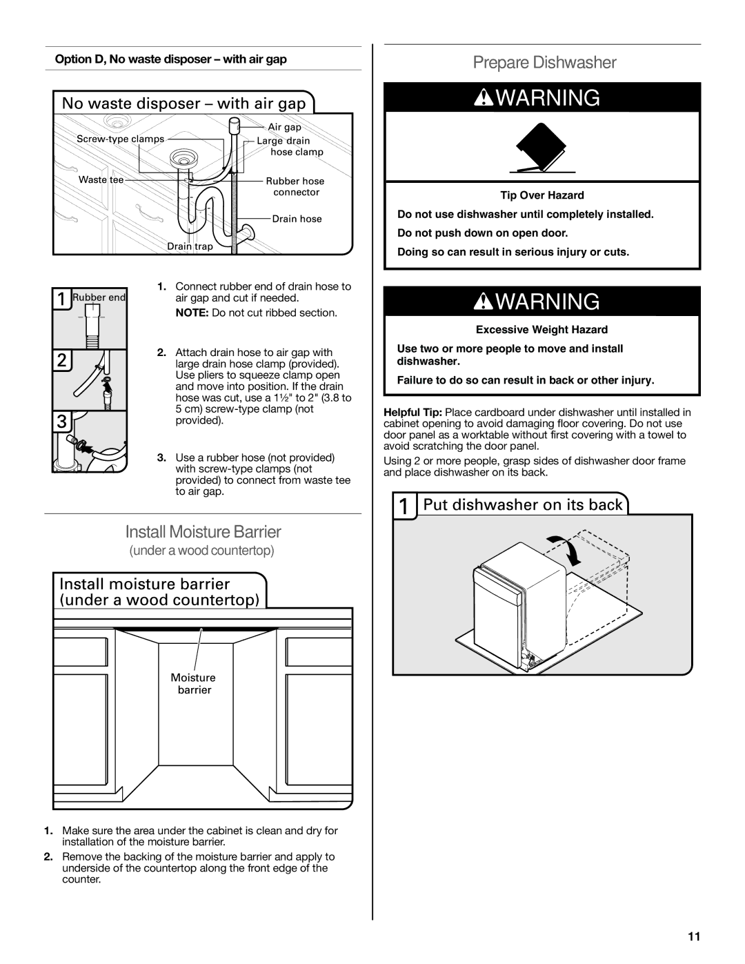 KitchenAid W10579129B Install Moisture Barrier, Prepare Dishwasher, Option D, No waste disposer with air gap 