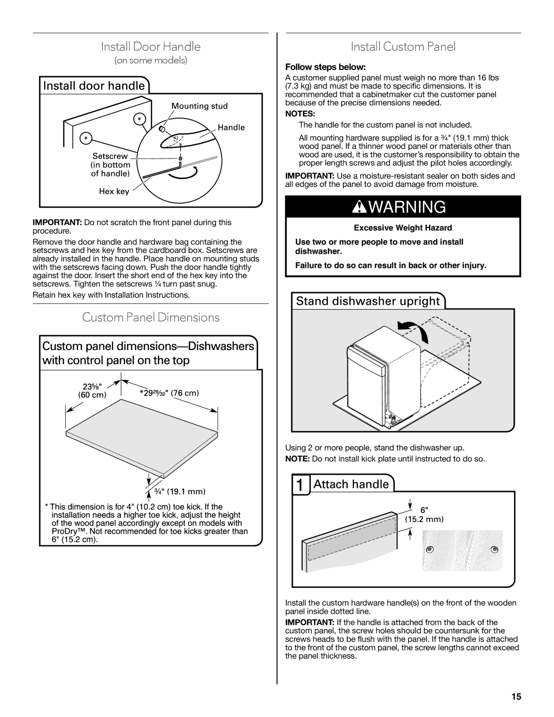 KitchenAid W10579129B Install Door Handle, Custom Panel Dimensions Install Custom Panel, Follow steps below 