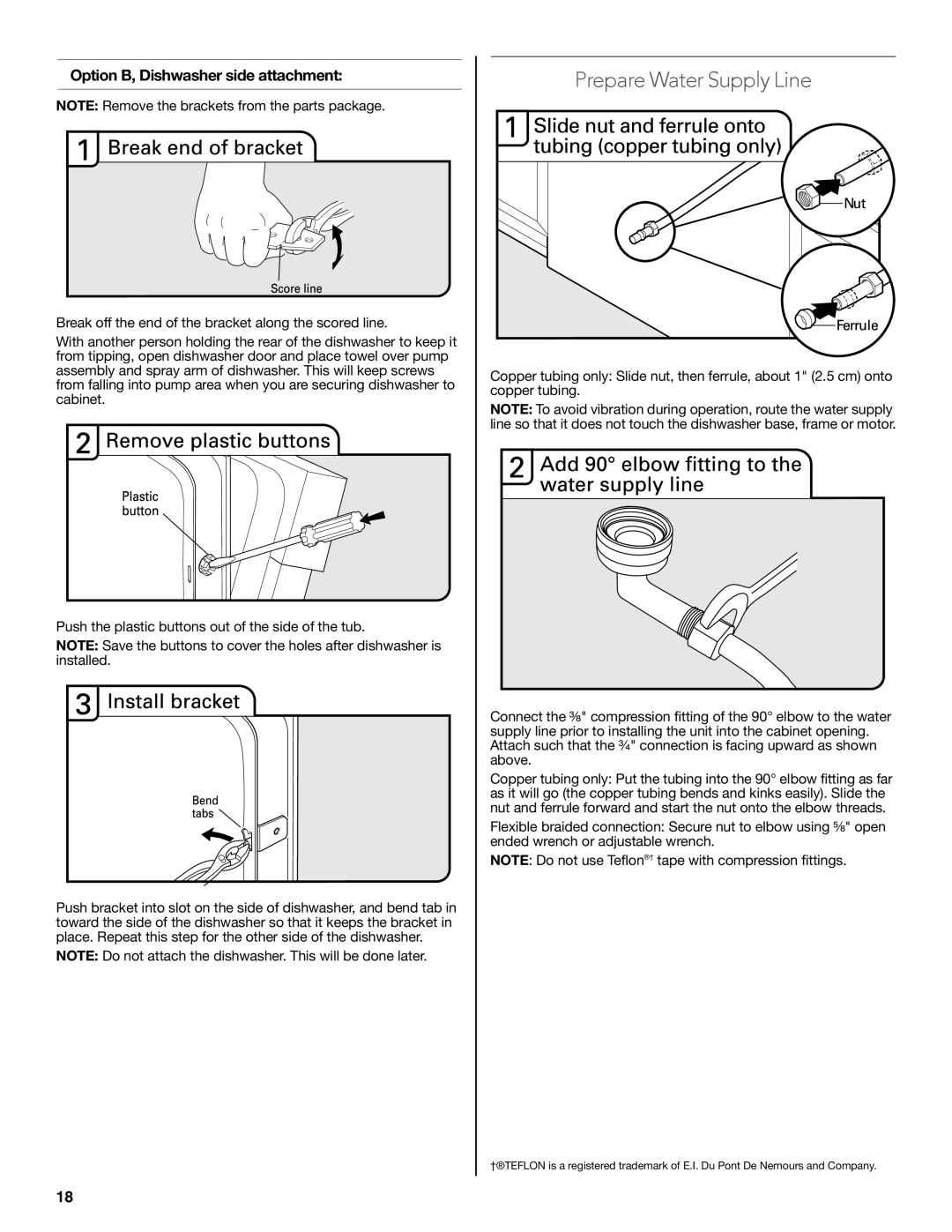 KitchenAid W10579129B installation instructions Prepare Water Supply Line, Option B, Dishwasher side attachment 