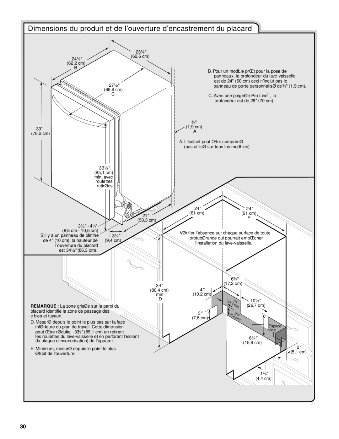 KitchenAid W10579129B installation instructions 24¹⁄₂ 23⁷⁄₈ 62,6 cm 62,2 cm 27¹⁄₂ 68,8 cm 30 76,2 cm 33¹⁄₂ 