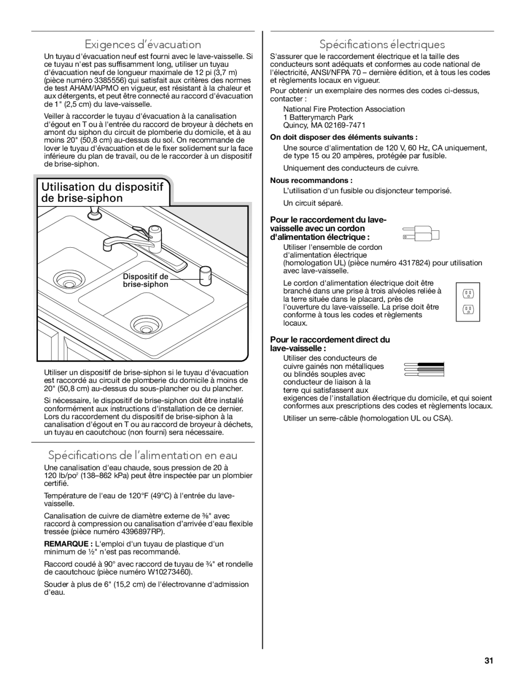 KitchenAid W10579129B Exigences d’évacuation, Spécifications de l’alimentation en eau, Spécifications électriques 