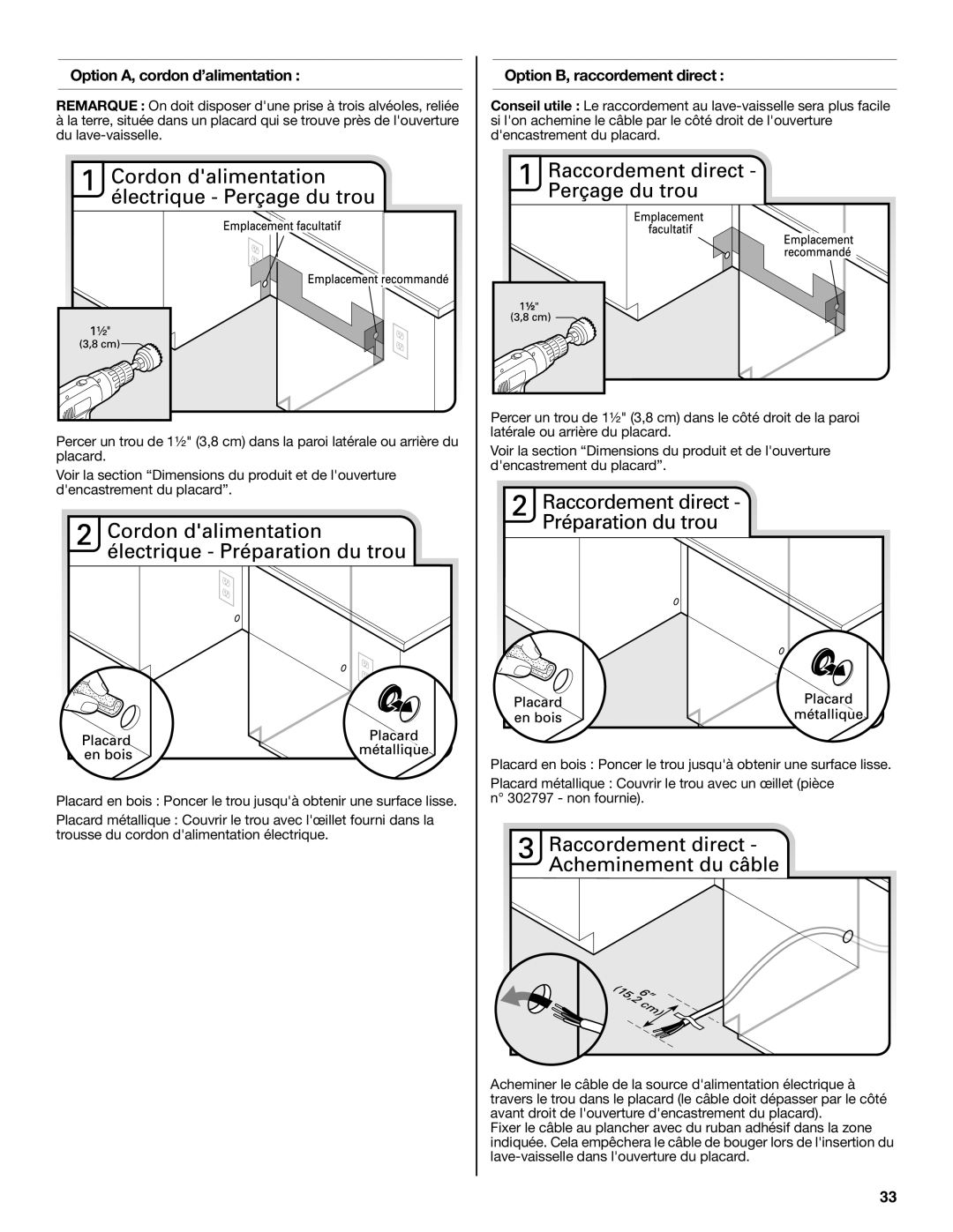 KitchenAid W10579129B installation instructions Option A, cordon d’alimentation, Option B, raccordement direct 