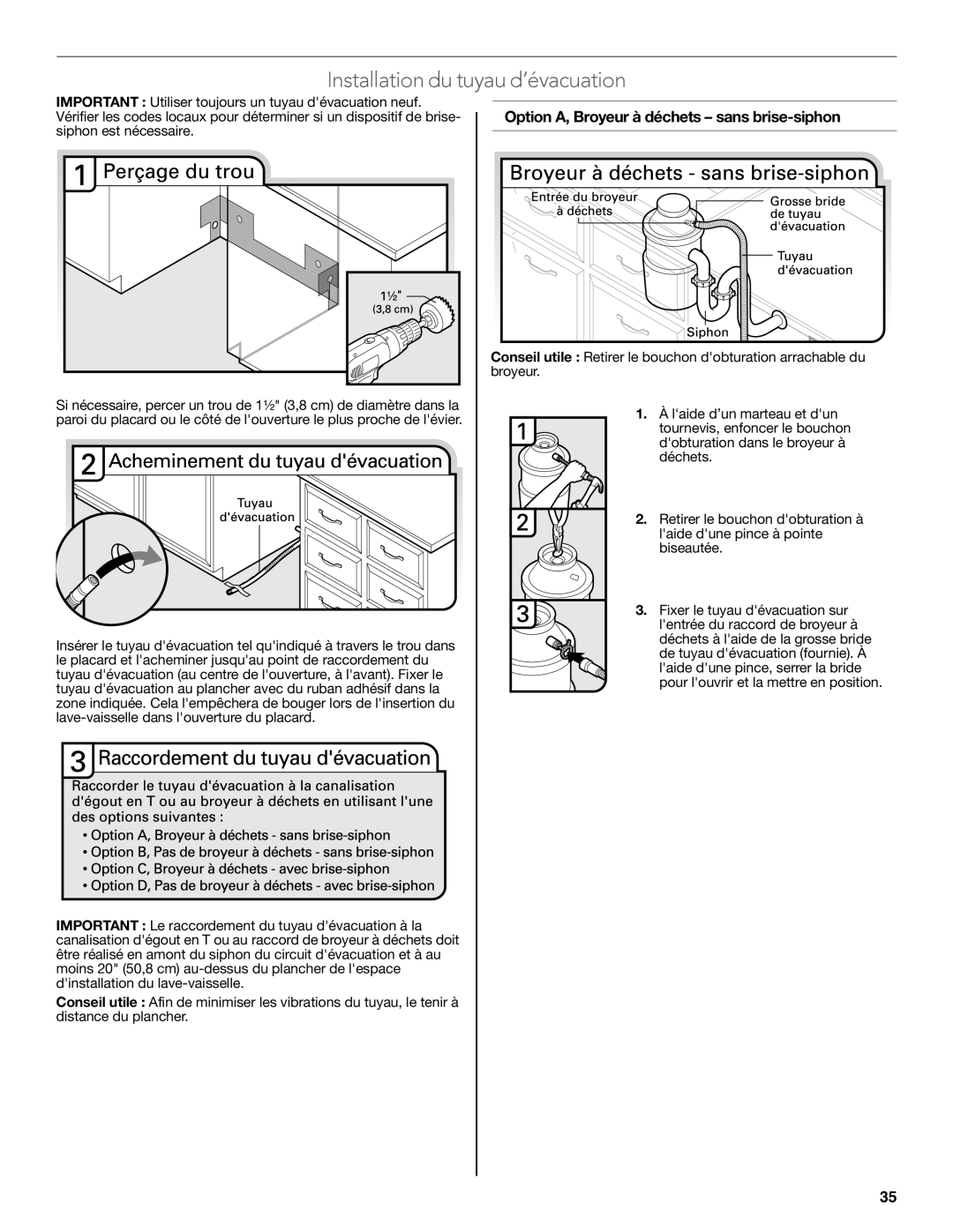 KitchenAid W10579129B Installation du tuyau d’évacuation, Option A, Broyeur à déchets sans brise-siphon 