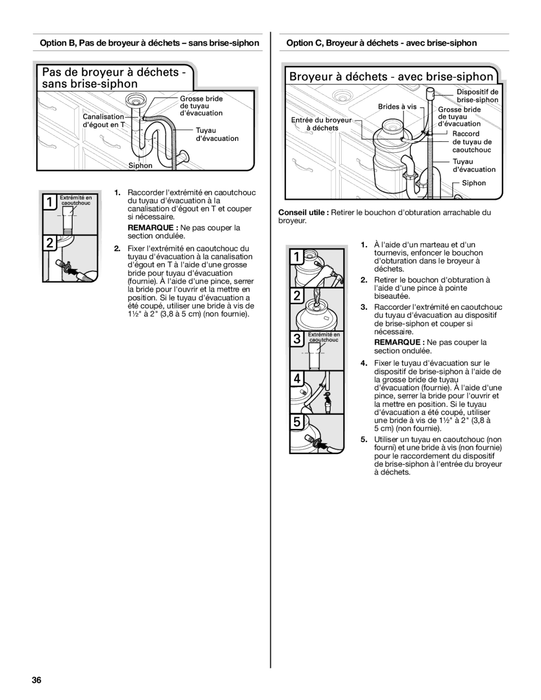 KitchenAid W10579129B Option B, Pas de broyeur à déchets sans brise-siphon, Option C, Broyeur à déchets avec brise-siphon 