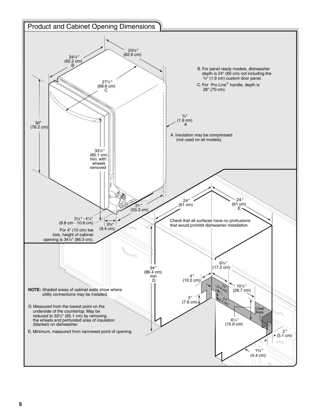 KitchenAid W10579129B installation instructions Product and Cabinet Opening Dimensions 