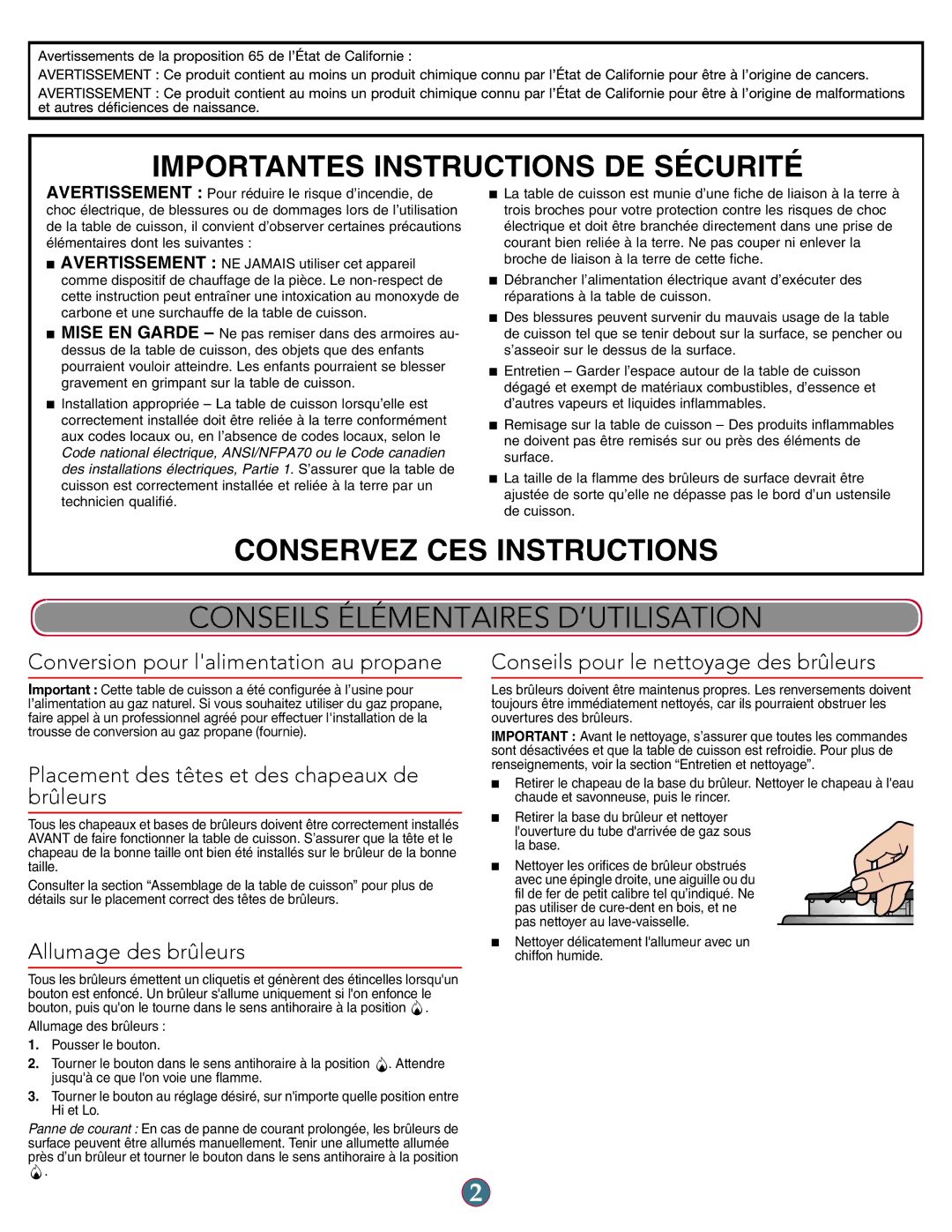 KitchenAid W10597142A Conseils Élémentaires D’UTILISATION, Conversion pour lalimentation au propane, Allumage des brûleurs 