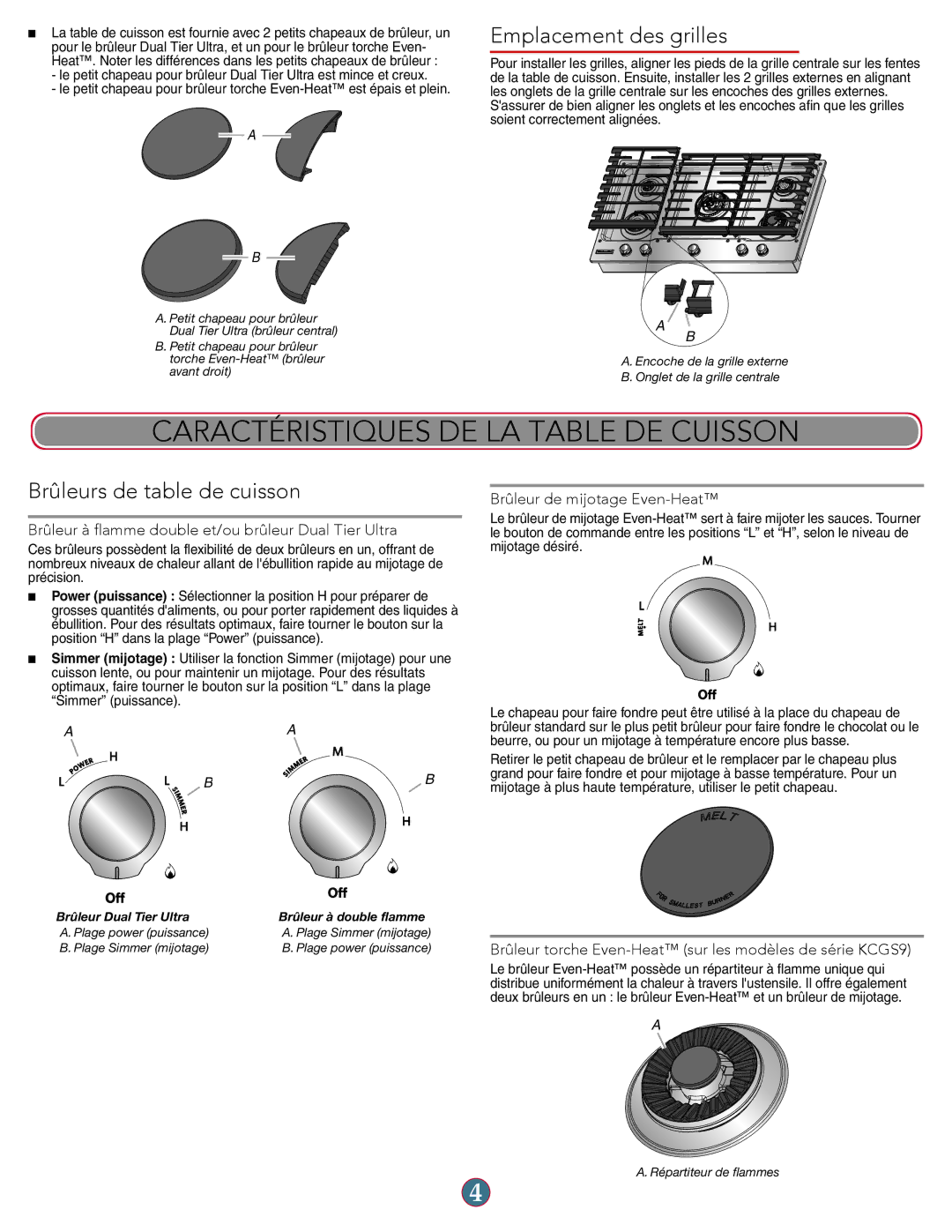 KitchenAid W10597142A manual Caractéristiques DE LA Table DE Cuisson, Emplacement des grilles, Brûleurs de table de cuisson 