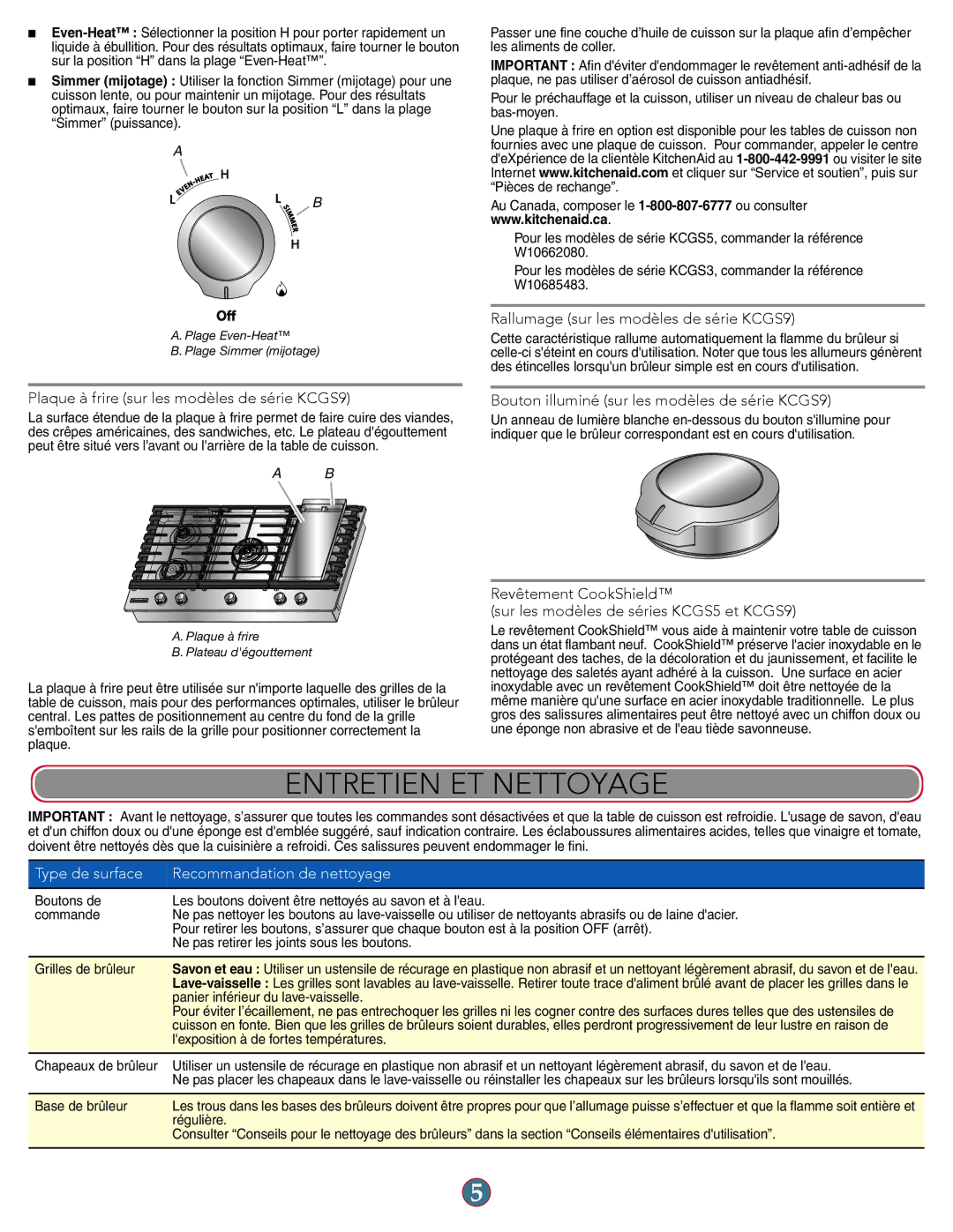 KitchenAid W10597142A manual Entretien ET Nettoyage, Rallumage sur les modèles de série KCGS9 