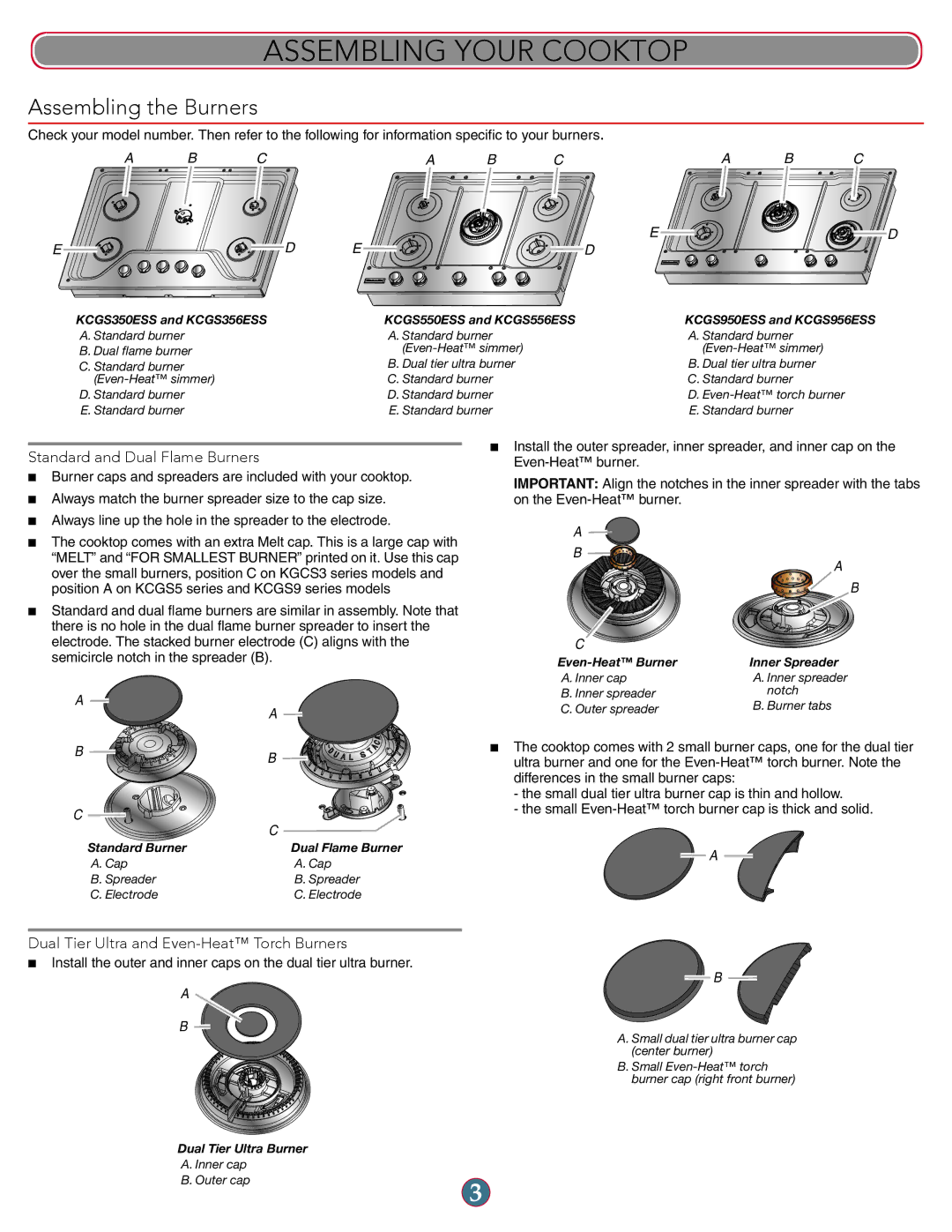 KitchenAid W10597142A manual Assembling Your Cooktop, Assembling the Burners, Standard and Dual Flame Burners 