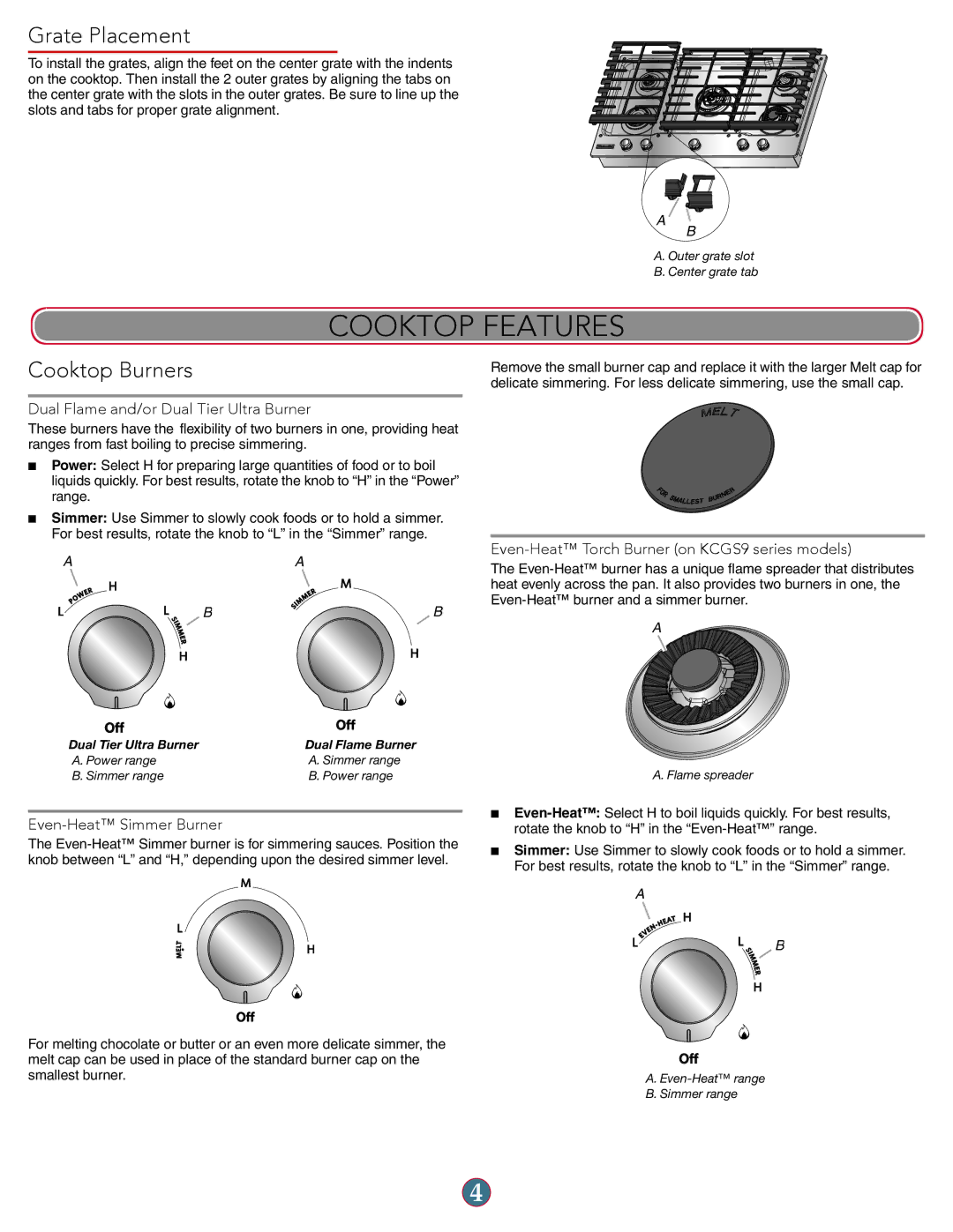 KitchenAid W10597142A manual Cooktop Features, Grate Placement, Cooktop Burners 