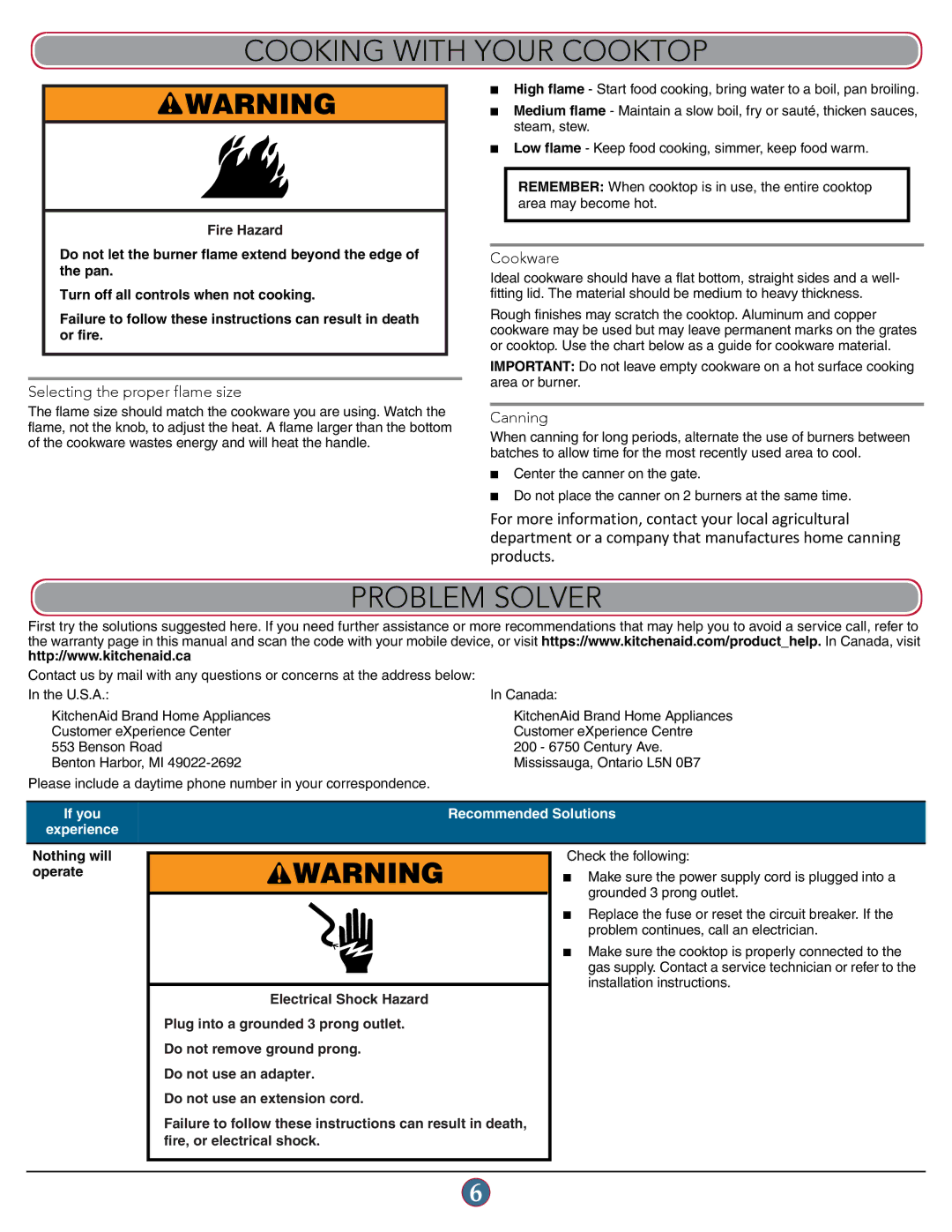 KitchenAid W10597142A manual Cooking with Your Cooktop, Problem Solver, Selecting the proper flame size, Cookware, Canning 