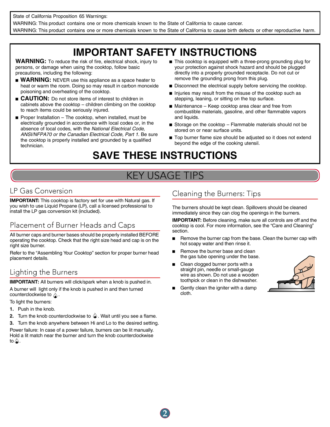 KitchenAid W10597142A manual Important Safety Instructions, Save These Instructions, Key Usage Tips, LP Gas Conversion 