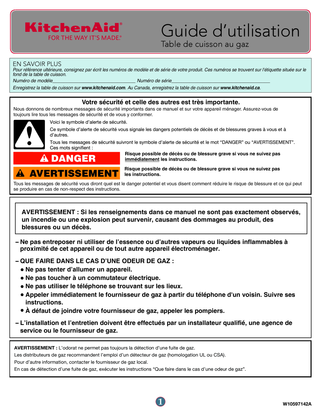 KitchenAid W10597142A manual Guide d’utilisation, Avertissement, Table de cuisson au gaz, Danger 