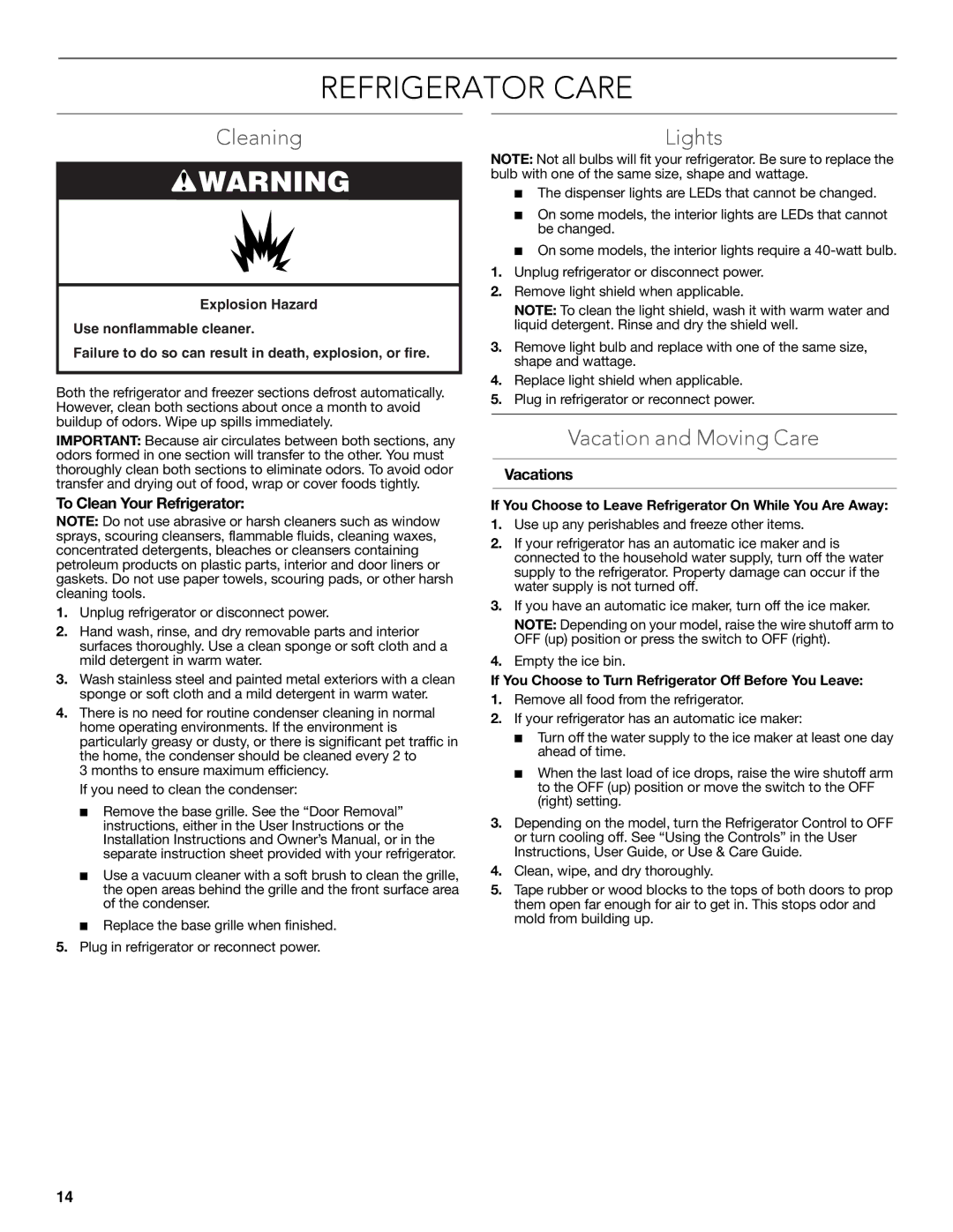 KitchenAid W10608689A installation instructions Refrigerator Care, Cleaning, Lights, Vacation and Moving Care 