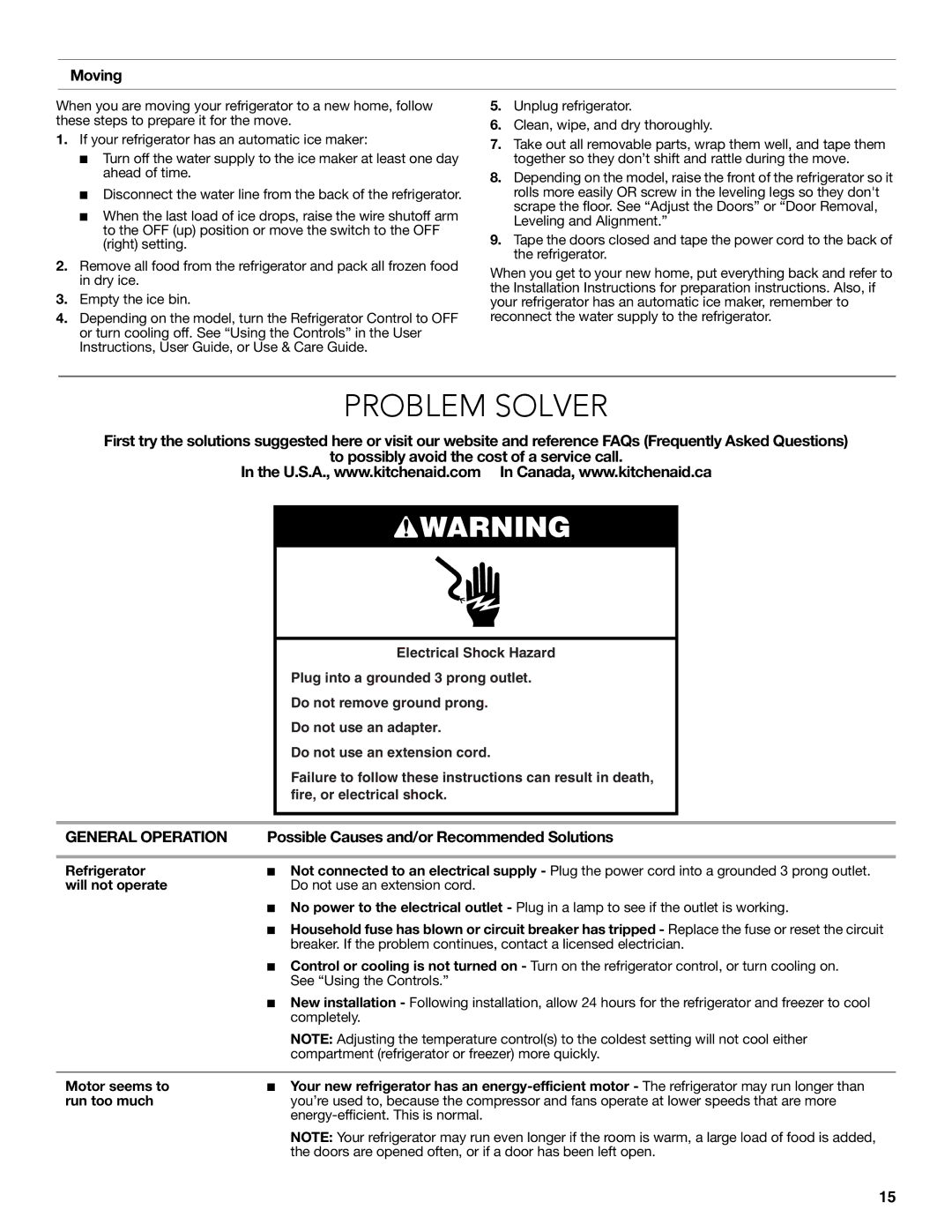 KitchenAid W10608689A Problem Solver, Moving, General Operation, Possible Causes and/or Recommended Solutions 