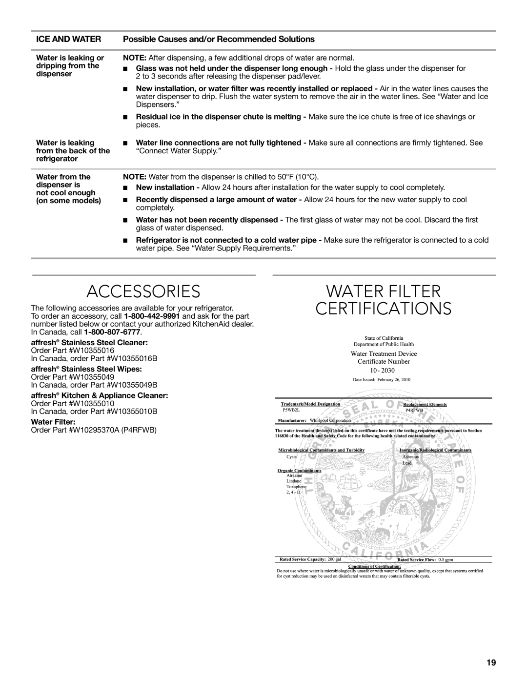 KitchenAid W10608689A installation instructions Accessories, Water Filter Certifications 