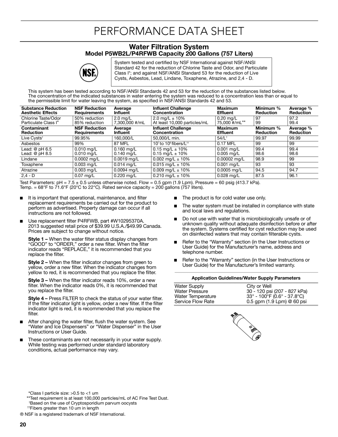 KitchenAid W10608689A installation instructions Performance Data Sheet, Water Filtration System 