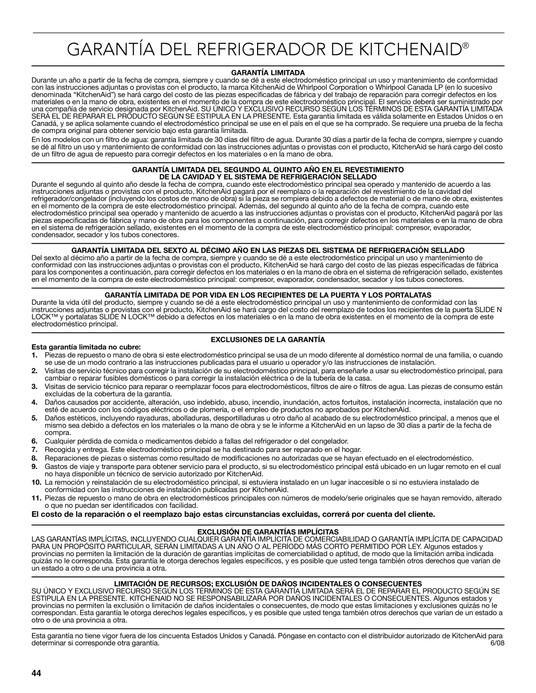 KitchenAid W10608689A installation instructions Garantía DEL Refrigerador DE Kitchenaid, Garantía Limitada 