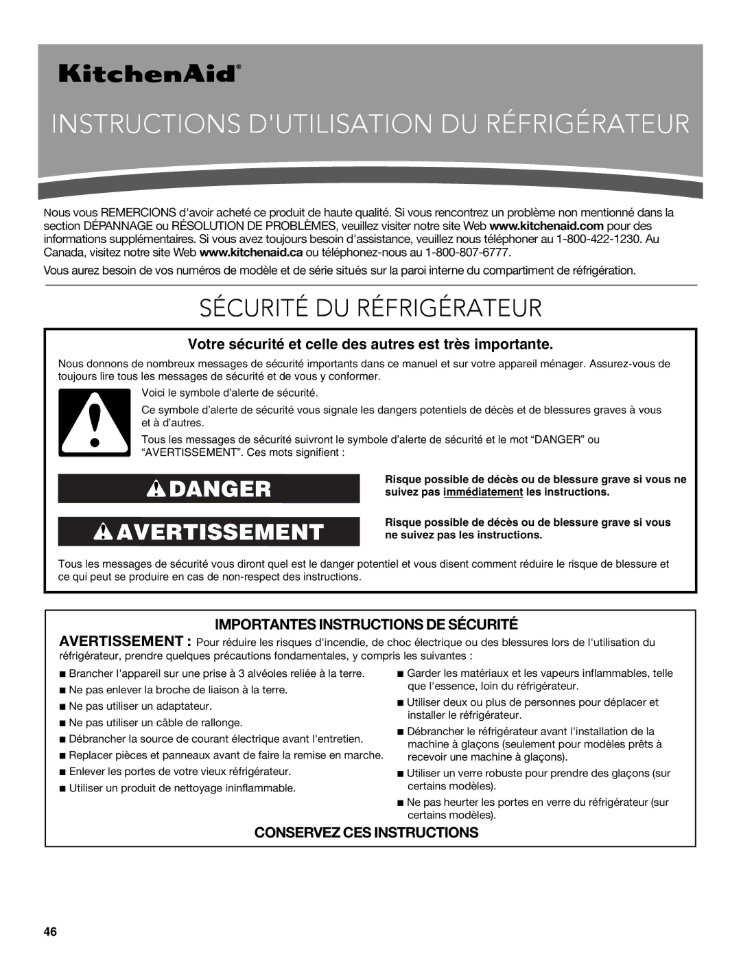 KitchenAid W10608689A installation instructions Instructions Dutilisation DU Réfrigérateur, Sécurité DU Réfrigérateur 