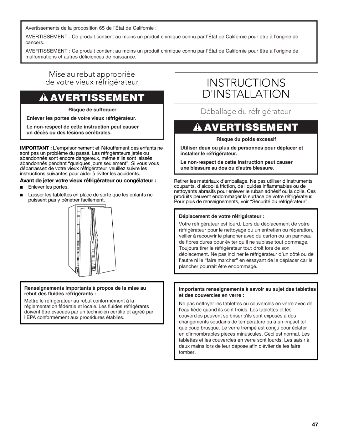 KitchenAid W10608689A installation instructions Instructions Dinstallation, Déballage du réfrigérateur 