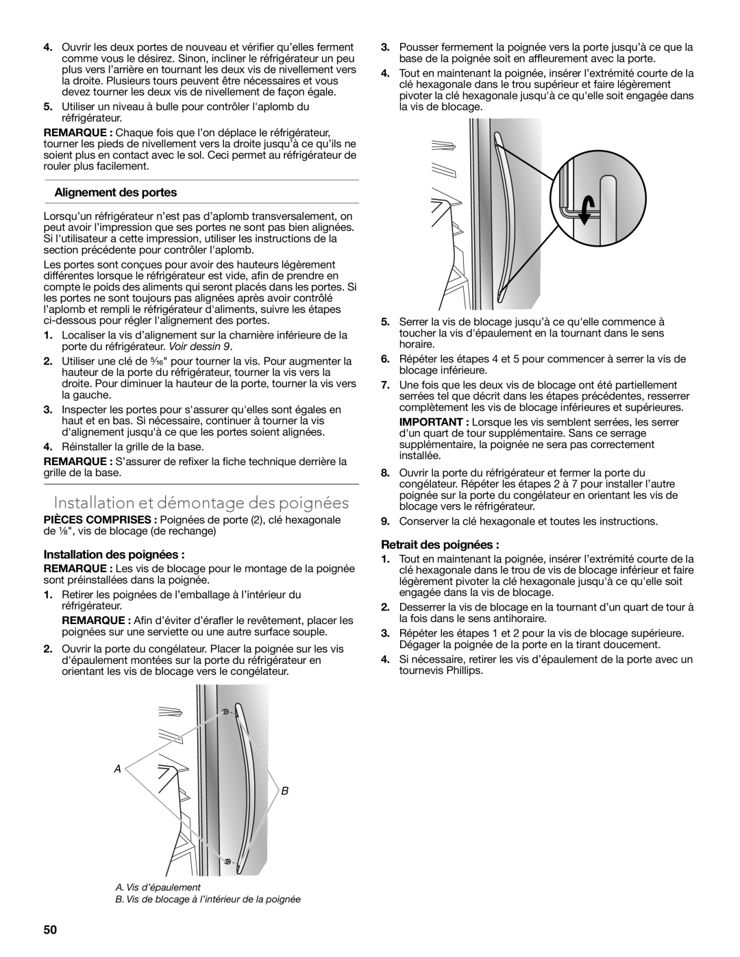 KitchenAid W10608689A Installation et démontage des poignées, Alignement des portes, Installation des poignées 