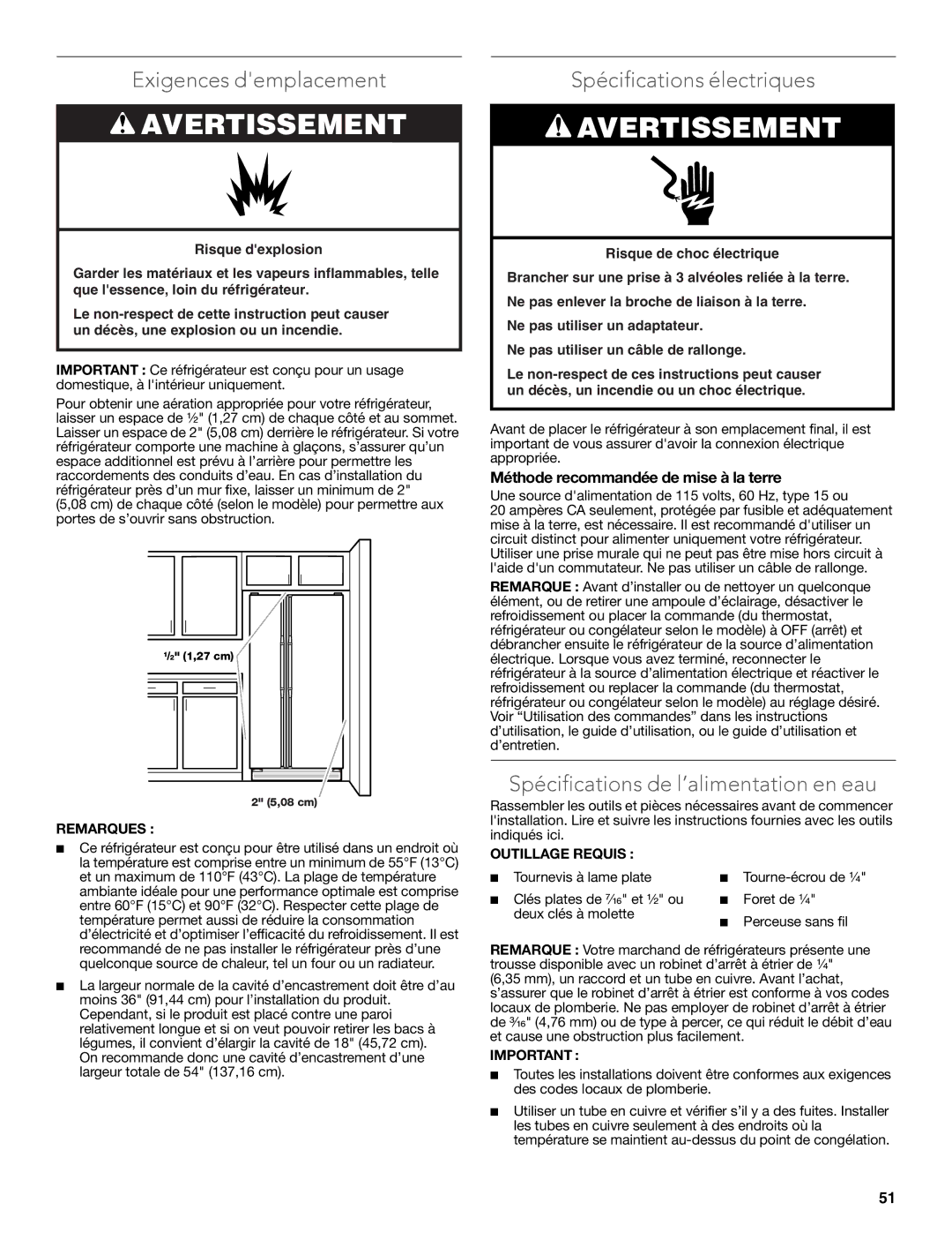 KitchenAid W10608689A Exigences demplacement, Spécifications électriques, Spécifications de l’alimentation en eau 