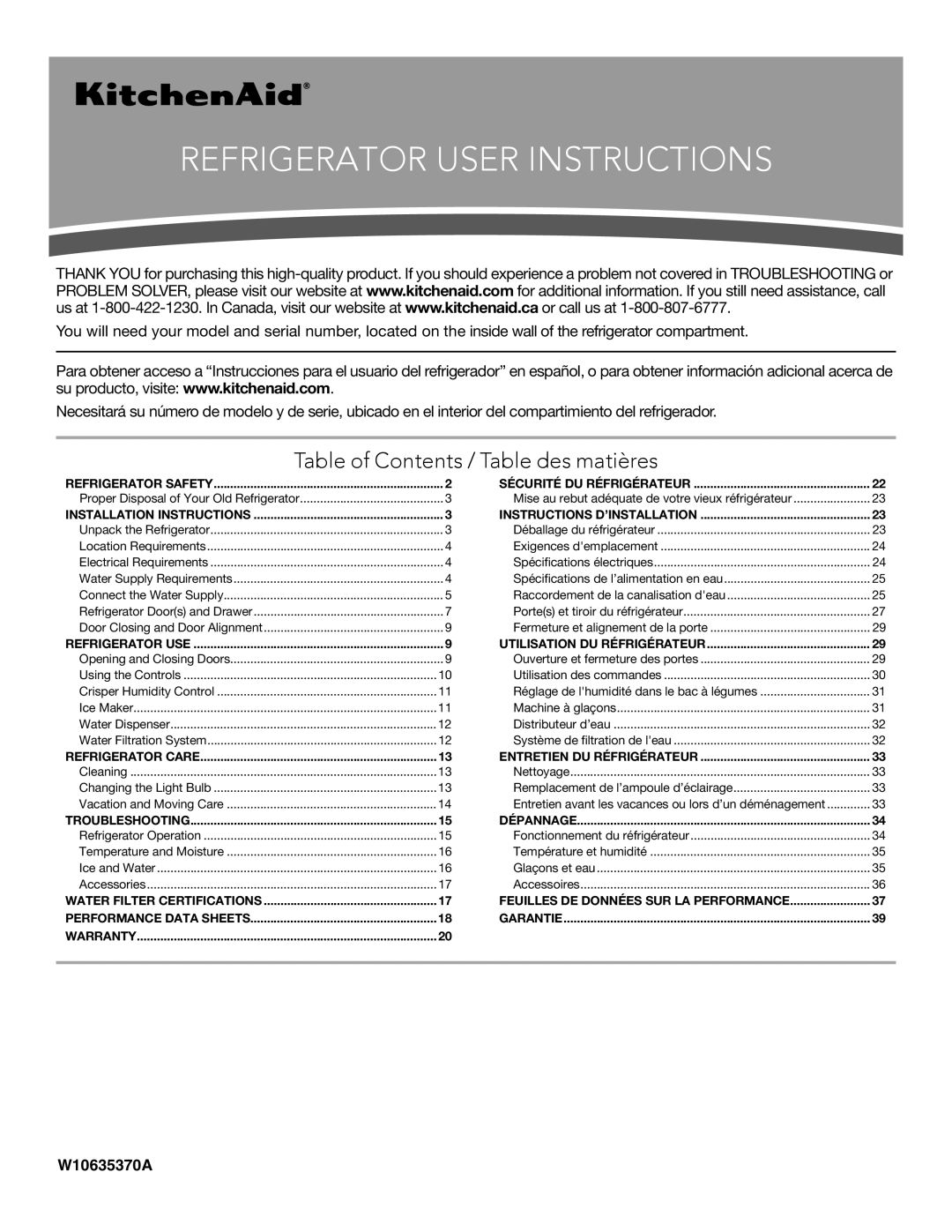 KitchenAid W10635370A installation instructions Refrigerator User Instructions 