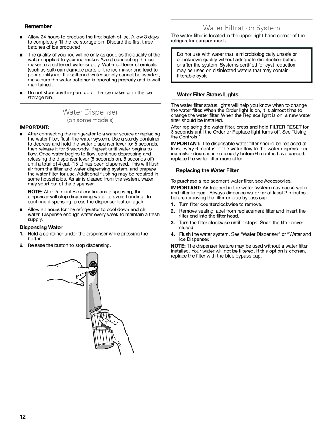 KitchenAid W10635370A installation instructions Water Dispenser, Water Filtration System 