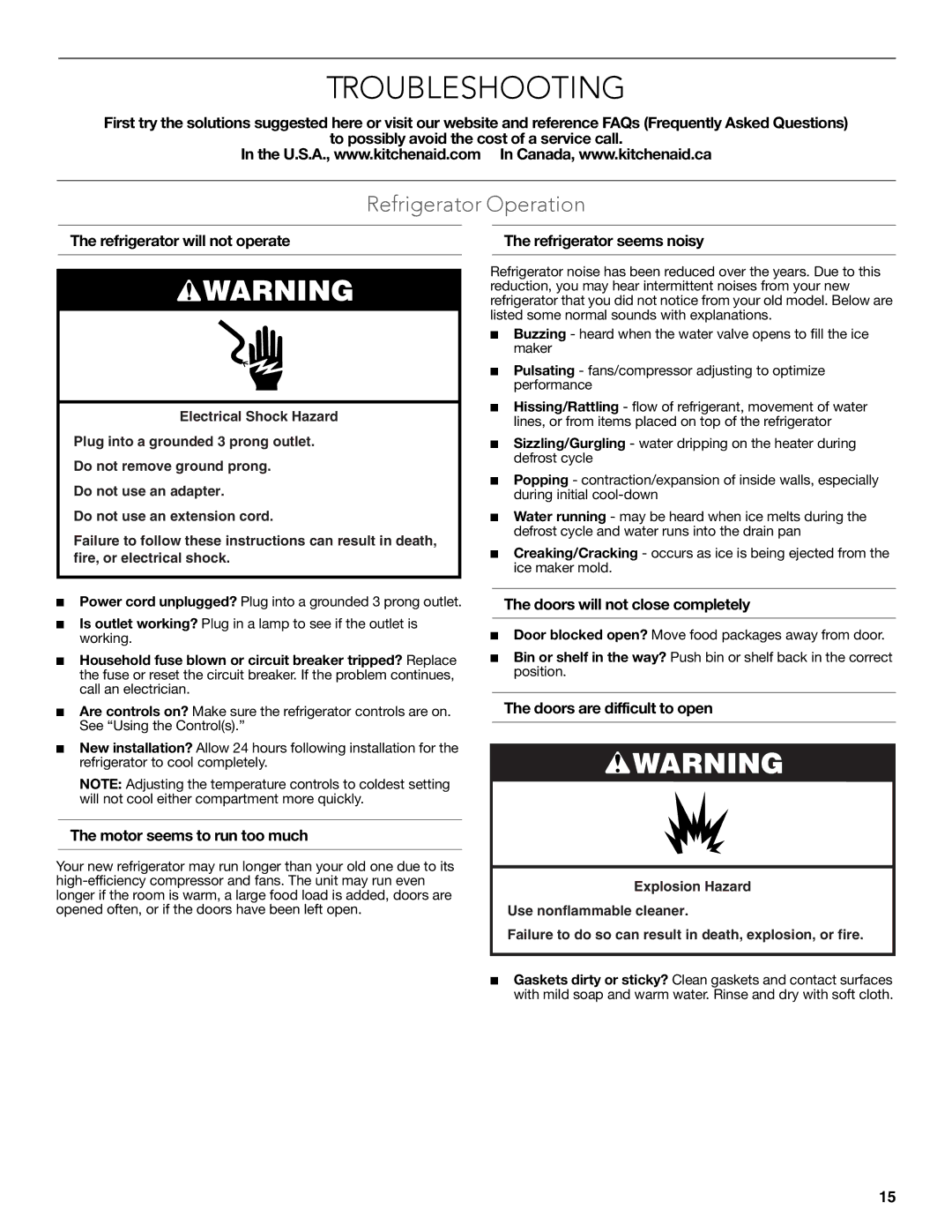 KitchenAid W10635370A installation instructions Troubleshooting, Refrigerator Operation 