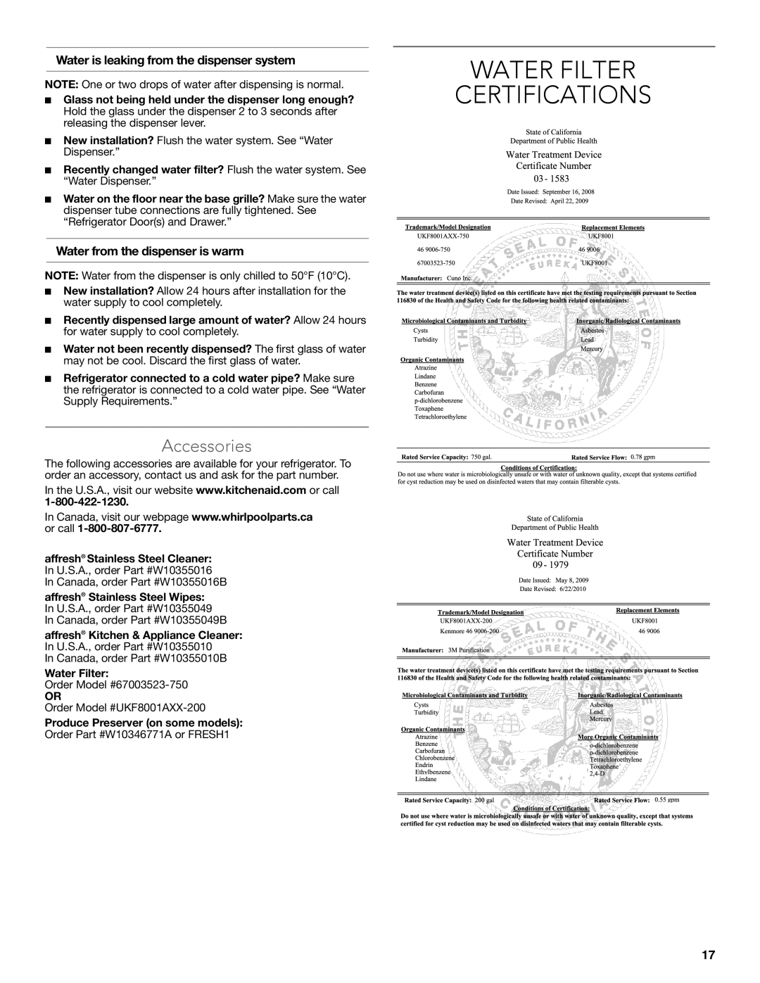 KitchenAid W10635370A Water Filter Certifications, Accessories, Water is leaking from the dispenser system 