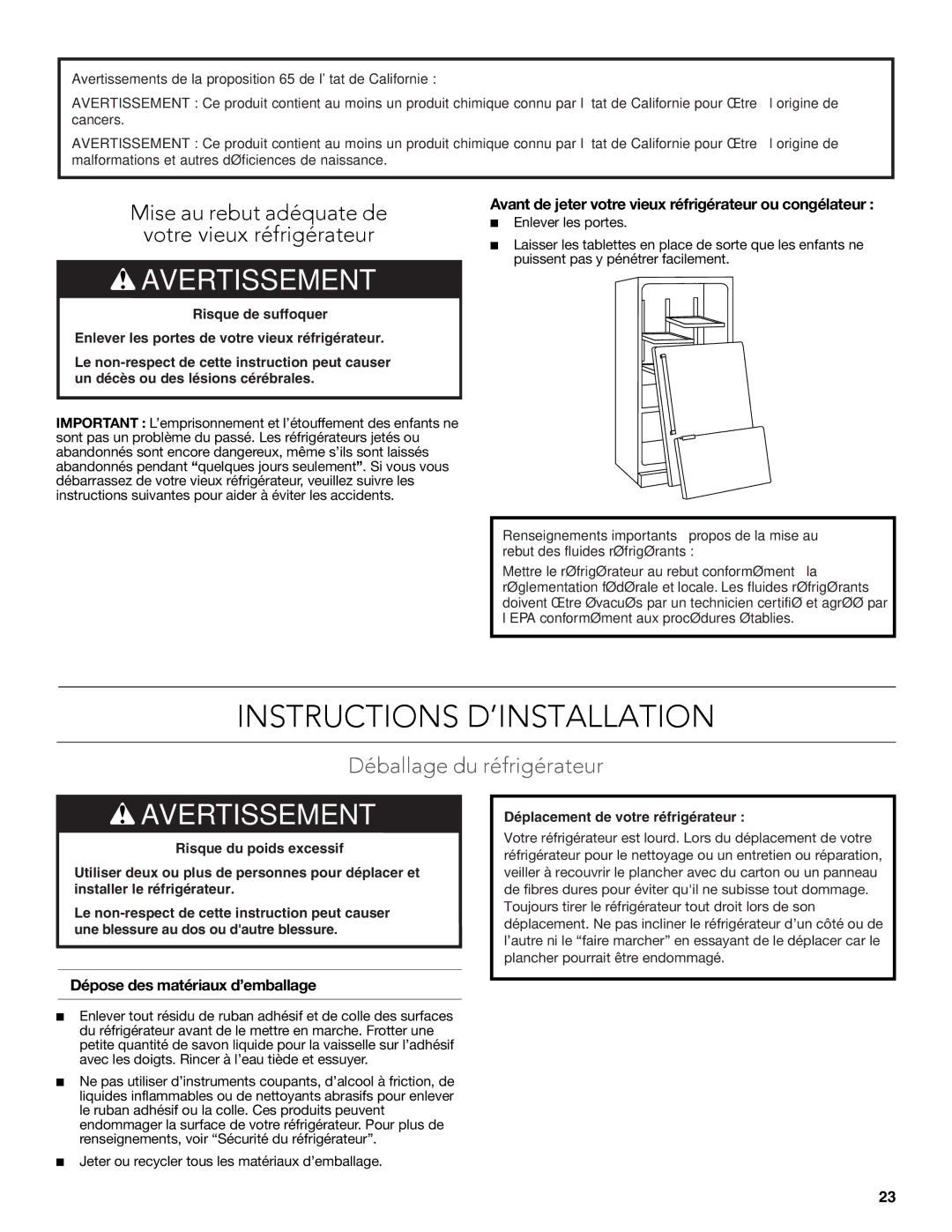 KitchenAid W10635370A Instructions D’INSTALLATION, Déballage du réfrigérateur, Dépose des matériaux d’emballage 