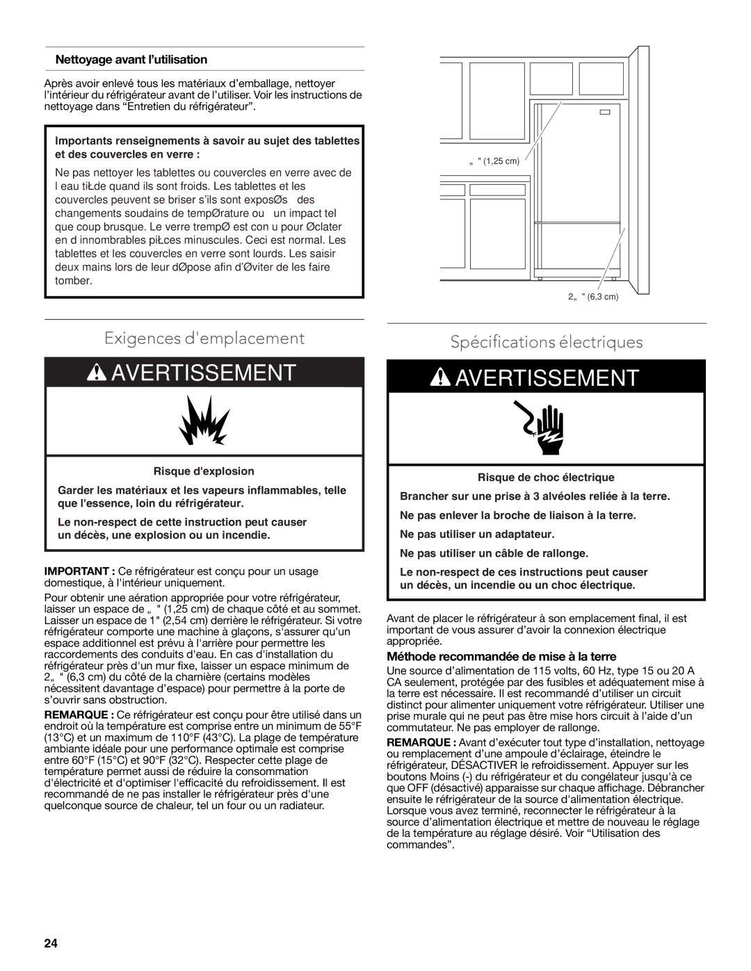 KitchenAid W10635370A Exigences demplacement, Spécifications électriques, Nettoyage avant l’utilisation 