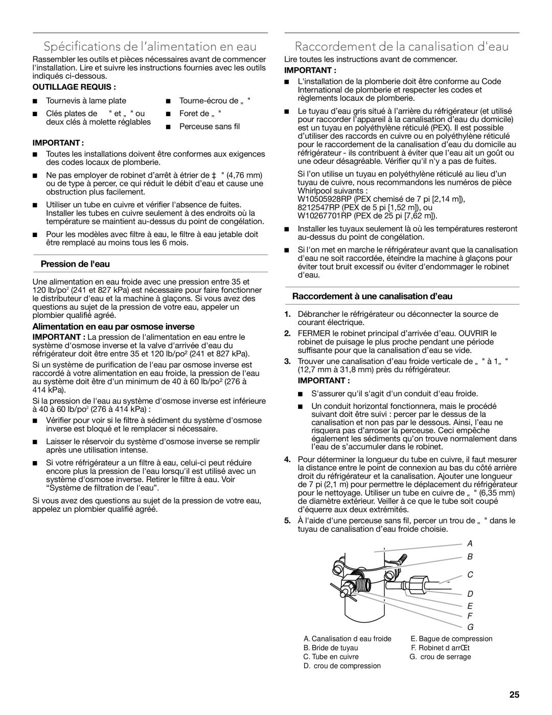 KitchenAid W10635370A Spécifications de l’alimentation en eau, Raccordement de la canalisation deau, Pression de leau 