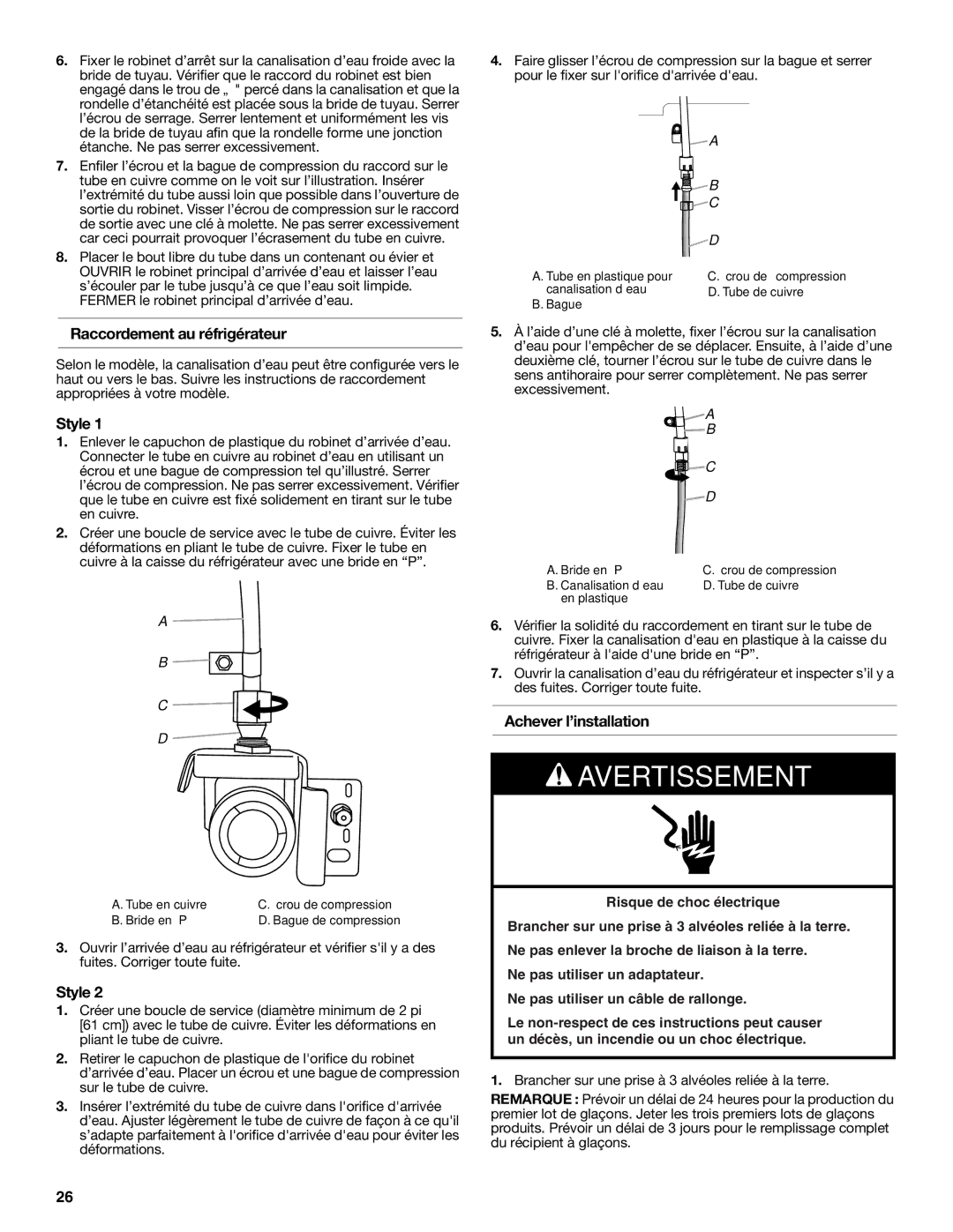 KitchenAid W10635370A installation instructions Raccordement au réfrigérateur, Achever l’installation 