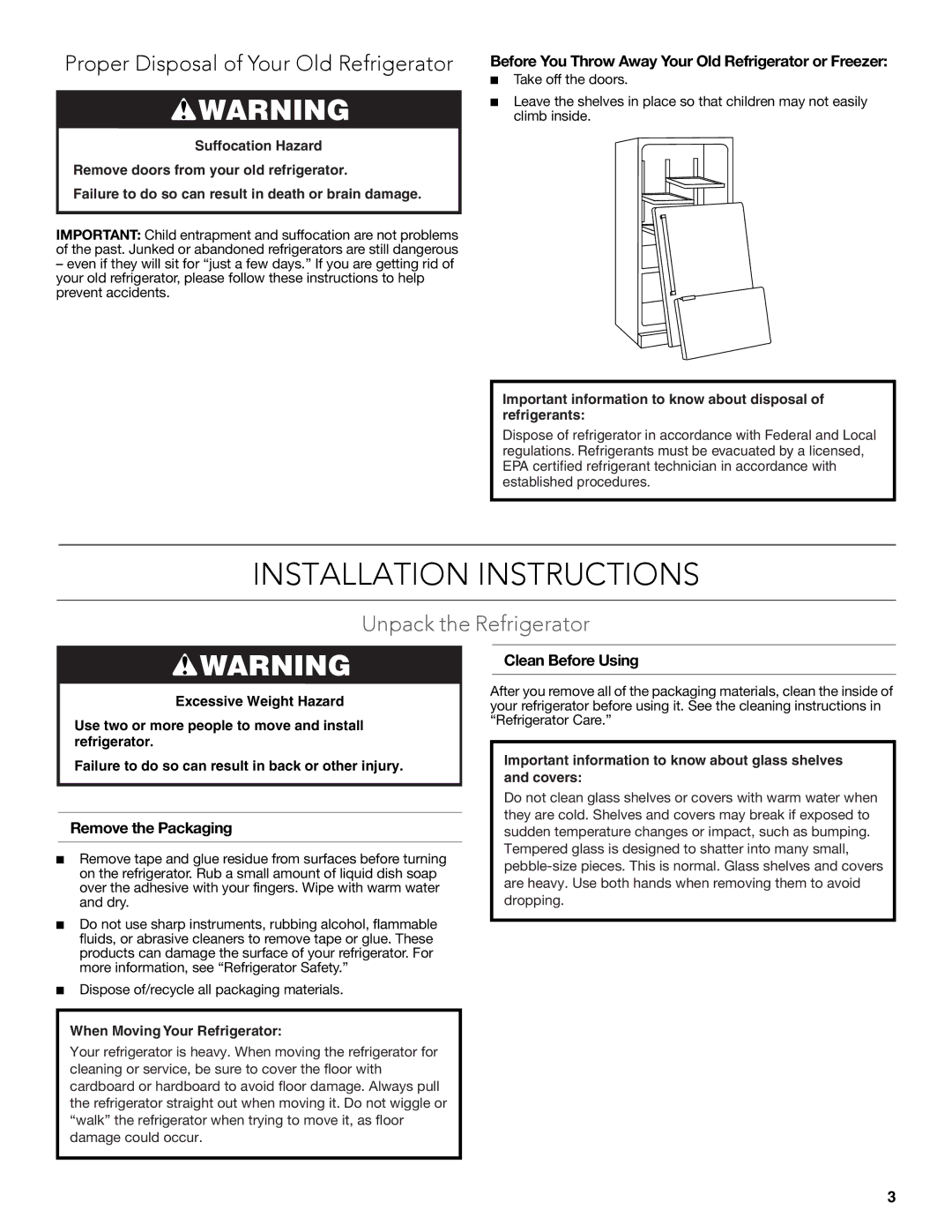KitchenAid W10635370A Installation Instructions, Unpack the Refrigerator, Remove the Packaging, Clean Before Using 