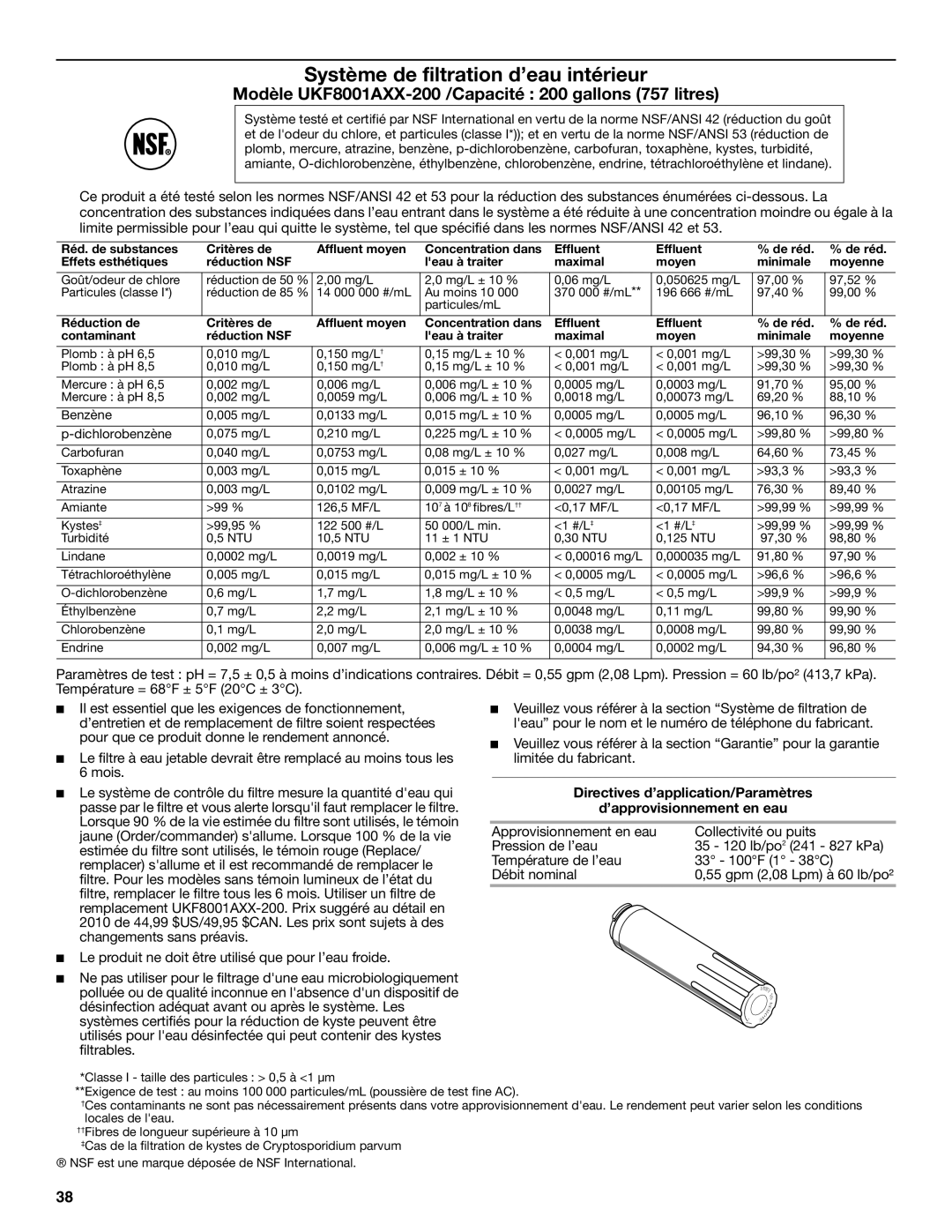 KitchenAid W10635370A installation instructions Modèle UKF8001AXX-200 /Capacité 200 gallons 757 litres 