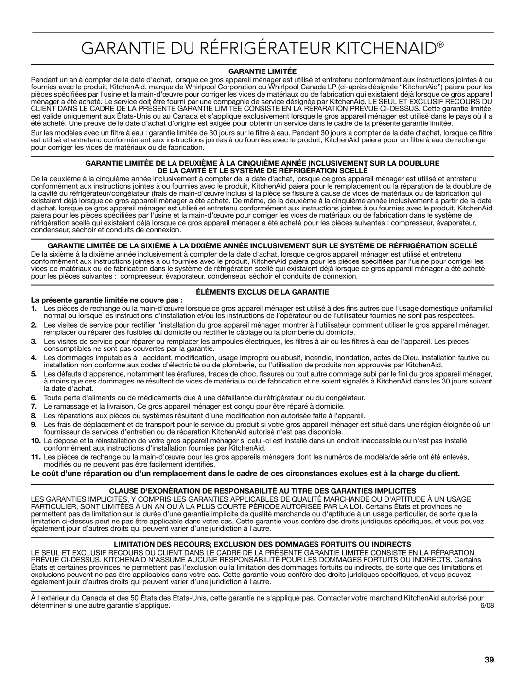 KitchenAid W10635370A installation instructions Garantie DU Réfrigérateur Kitchenaid, Garantie Limitée 