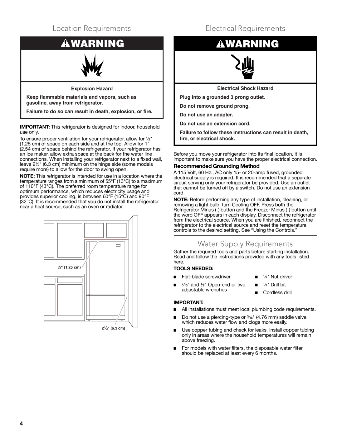 KitchenAid W10635370A installation instructions Location Requirements, Electrical Requirements, Water Supply Requirements 