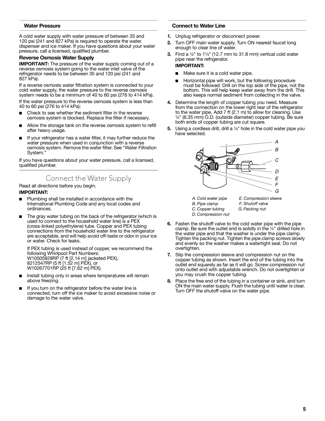 KitchenAid W10635370A Connect the Water Supply, Water Pressure, Reverse Osmosis Water Supply, Connect to Water Line 