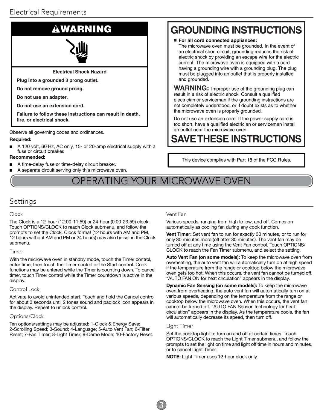 KitchenAid W10644749A Grounding Instructions, Operating Your Microwave Oven, Electrical Requirements, Settings 