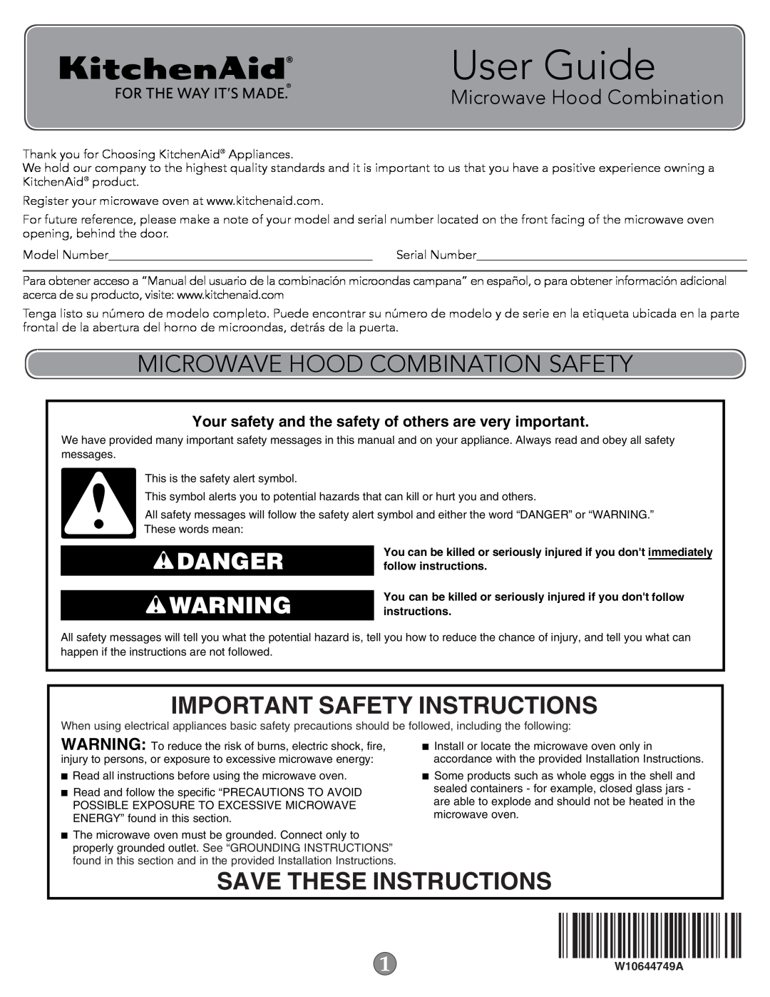 KitchenAid W10644749A important safety instructions Microwave Hood Combination Safety, Important Safety Instructions 