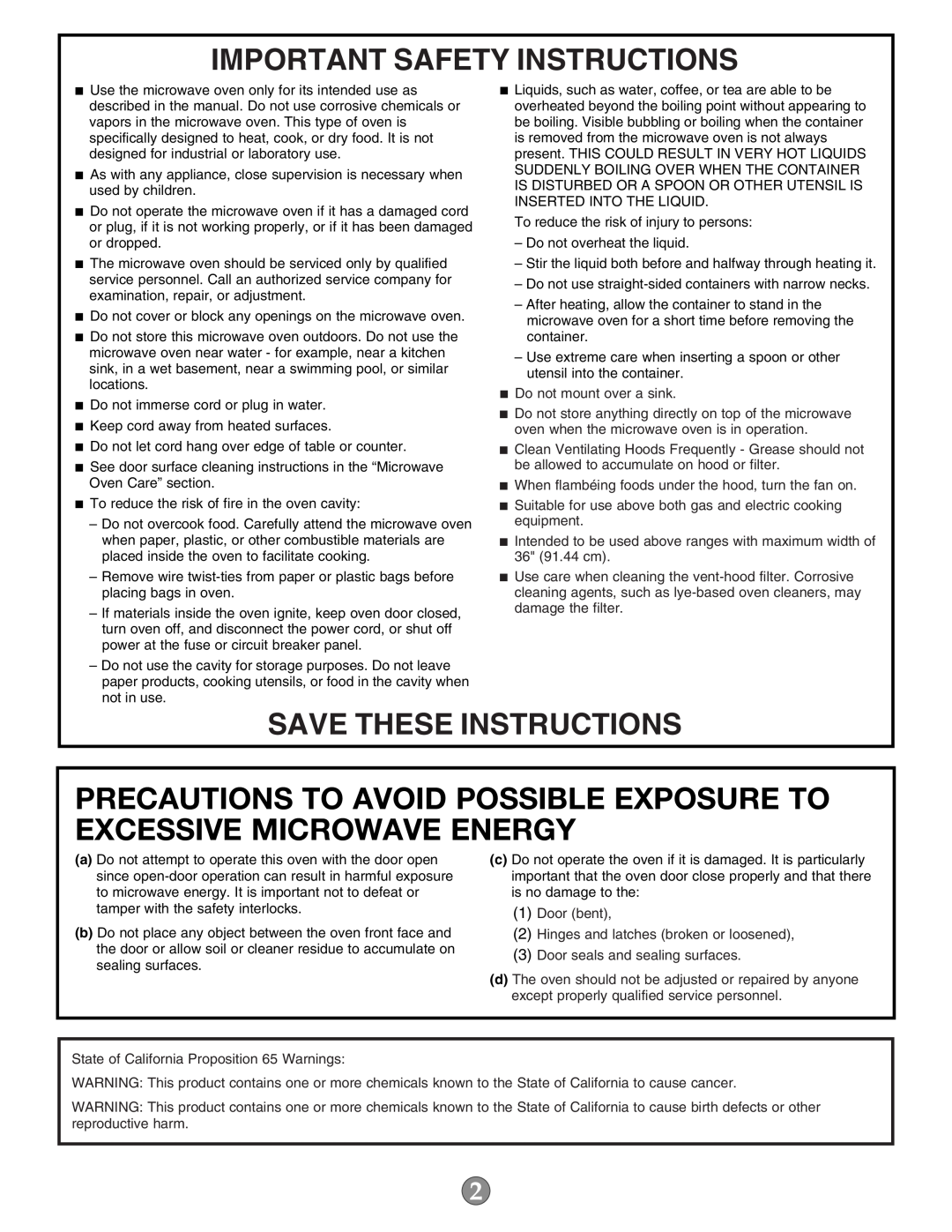 KitchenAid W10644749A Precautions To Avoid Possible Exposure To Excessive Microwave Energy, Important Safety Instructions 
