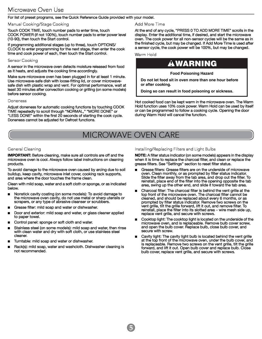 KitchenAid W10644749A important safety instructions Microwave Oven Care, Microwave Oven Use, Food Poisoning Hazard 