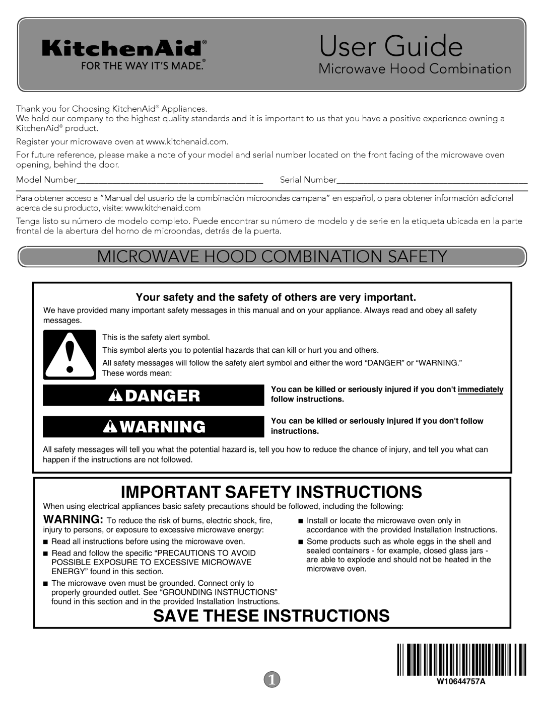 KitchenAid W10644757A important safety instructions Microwave Hood Combination Safety, Important Safety Instructions 