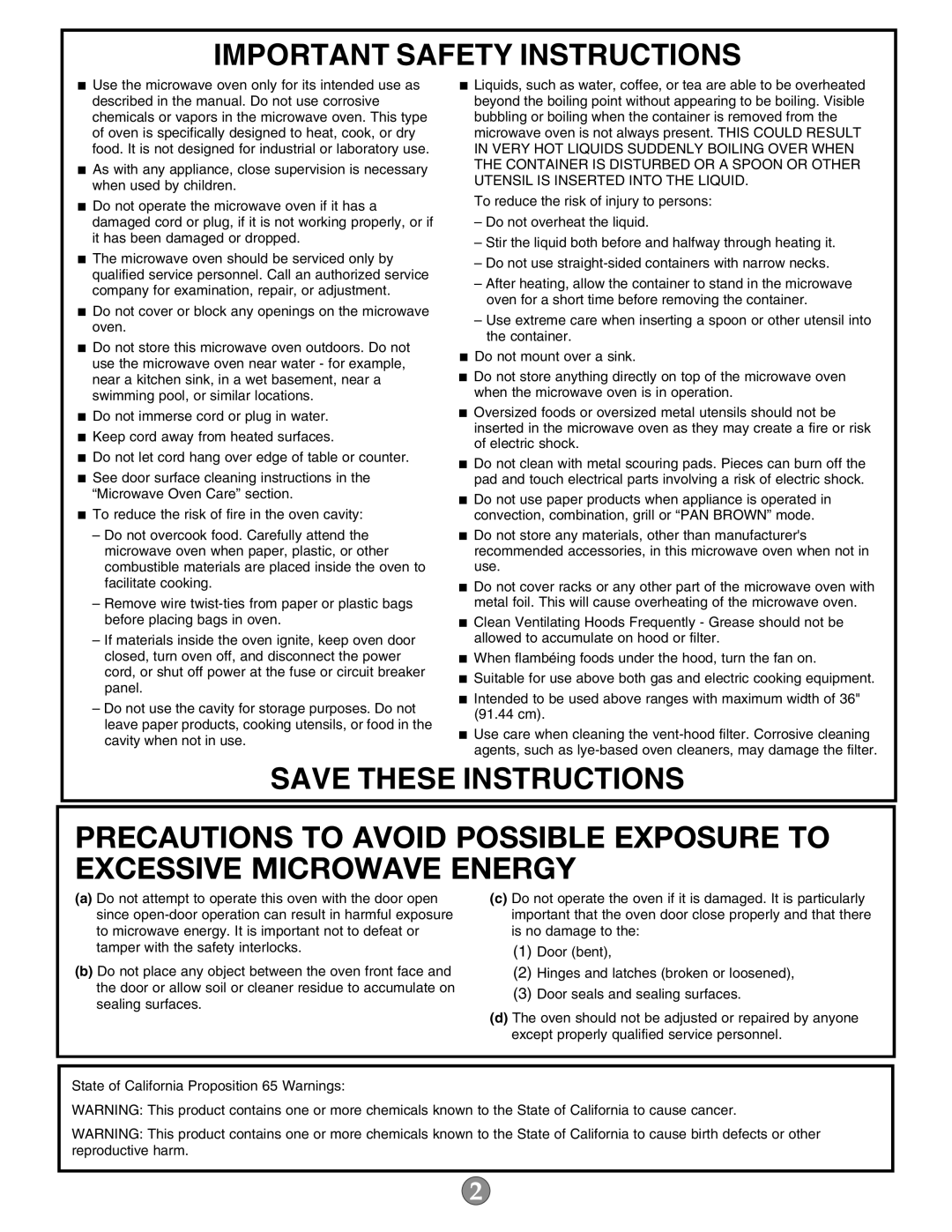 KitchenAid W10644757A Precautions To Avoid Possible Exposure To Excessive Microwave Energy, Important Safety Instructions 