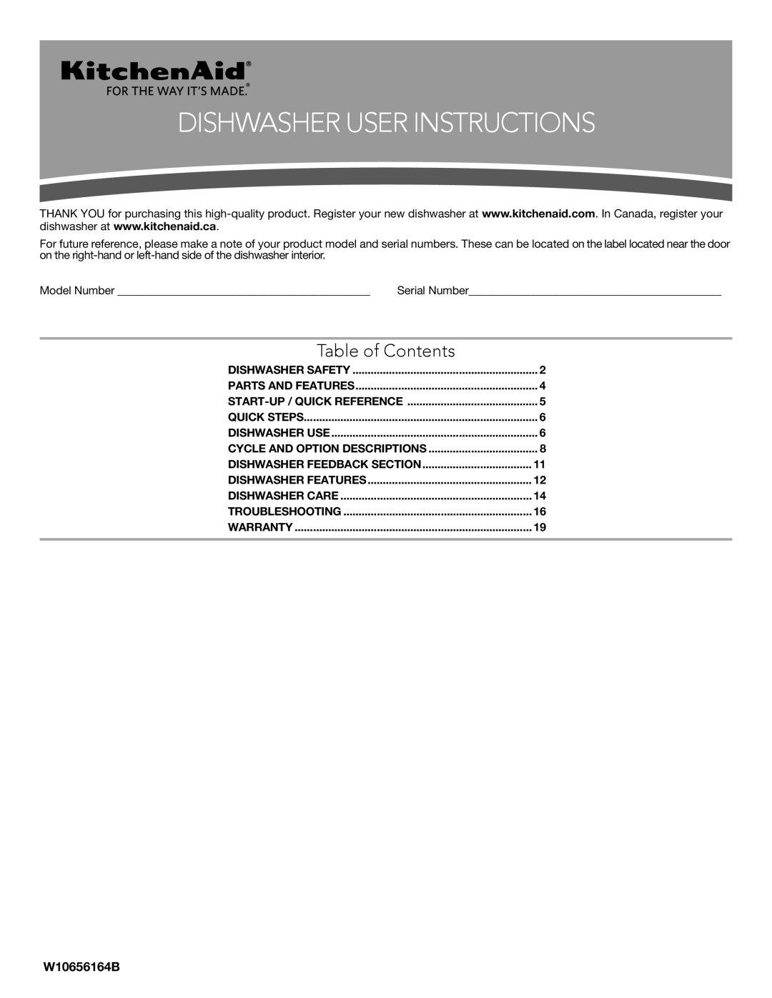 KitchenAid W10656164B warranty Dishwasher User Instructions 