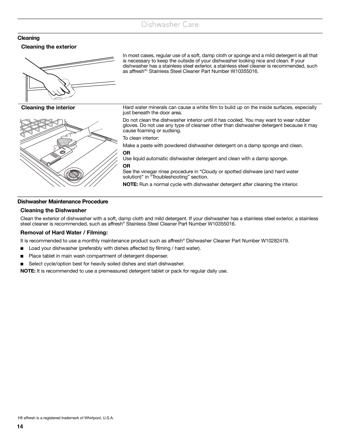 KitchenAid W10656164B warranty Dishwasher Care, Cleaning Cleaning the exterior, Cleaning the interior 