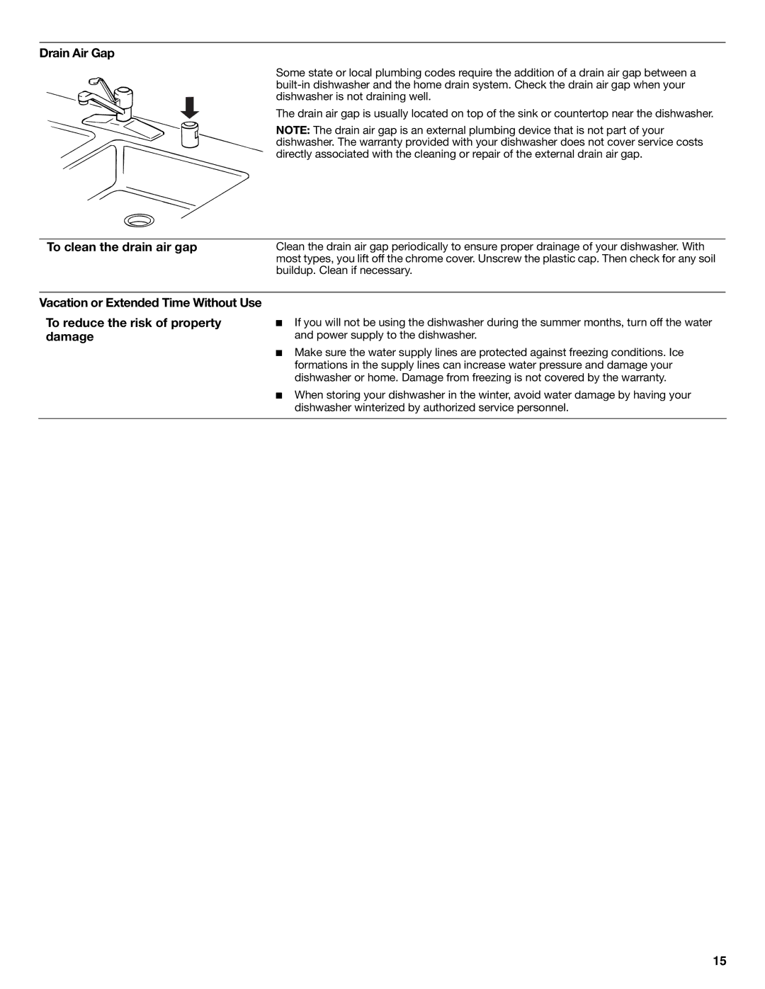 KitchenAid W10656164B warranty Drain Air Gap, To clean the drain air gap, To reduce the risk of property damage 